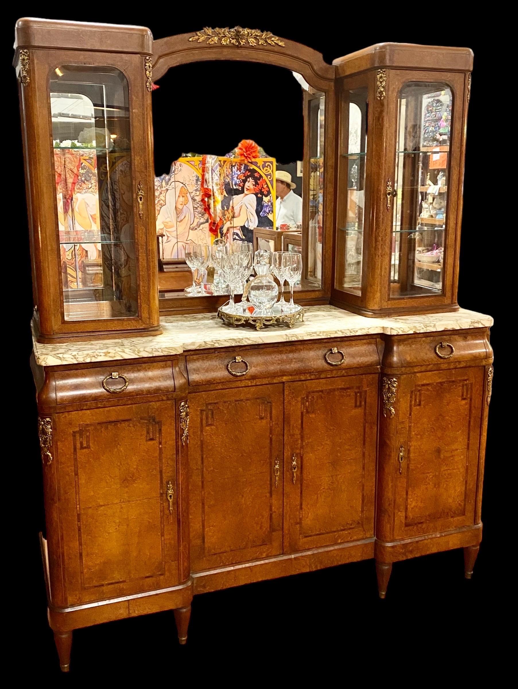 20th Century Antique French Beaux Arts Inlaid Bird’S-Eye Maple and Marble Sideboard/Bar