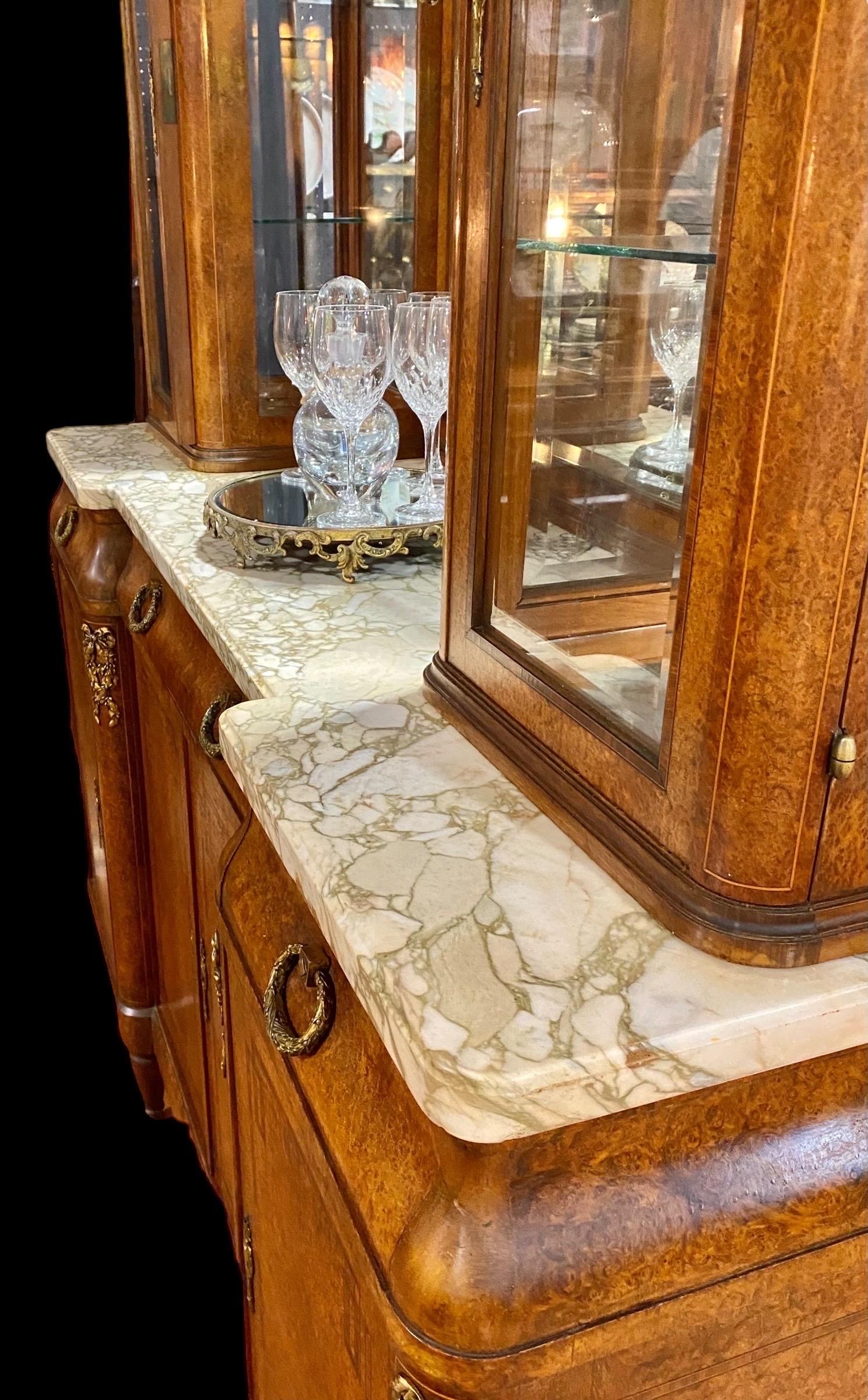 Glass Antique French Beaux Arts Inlaid Bird’S-Eye Maple and Marble Sideboard/Bar