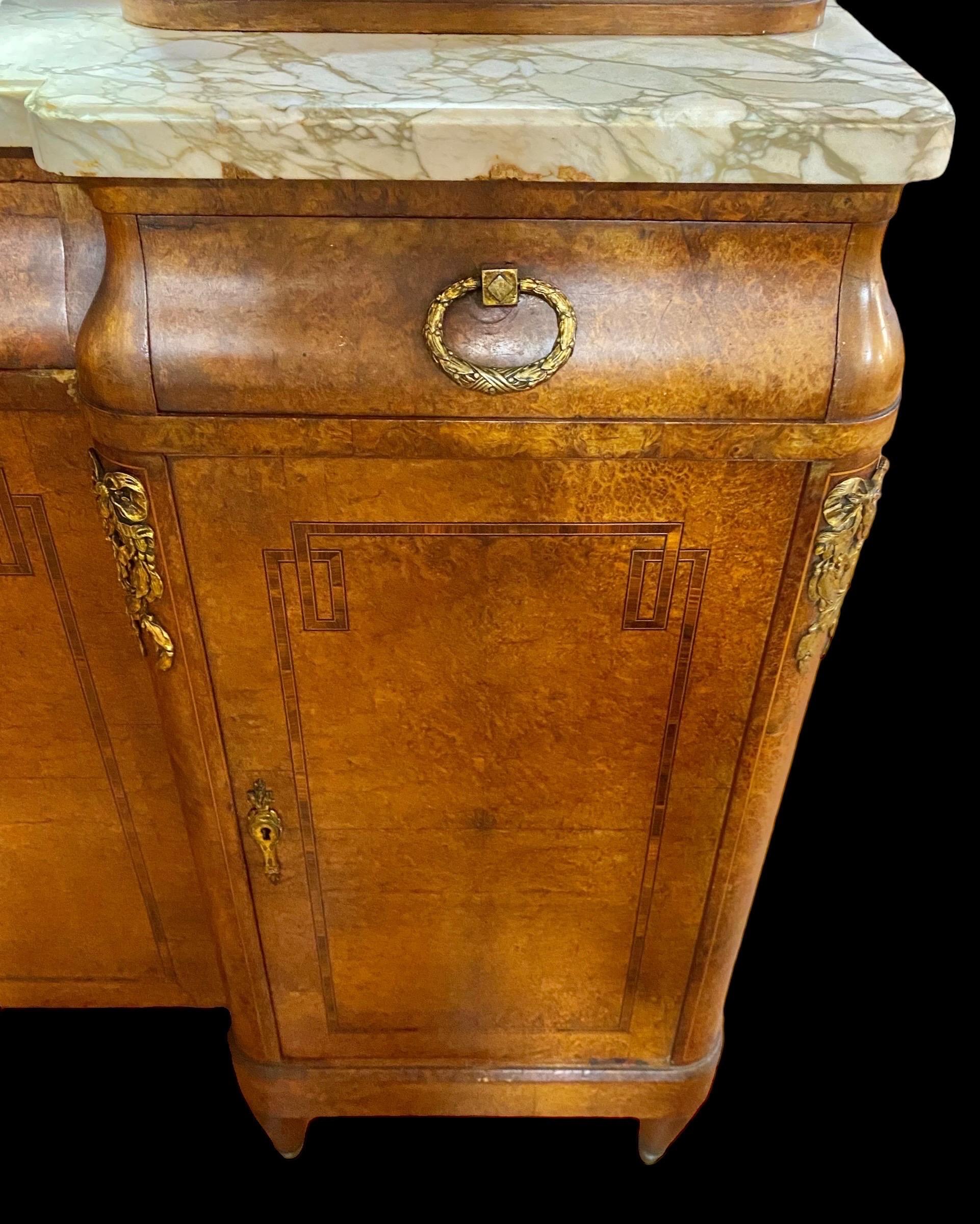 Antique French Beaux Arts Inlaid Bird’S-Eye Maple and Marble Sideboard/Bar 1