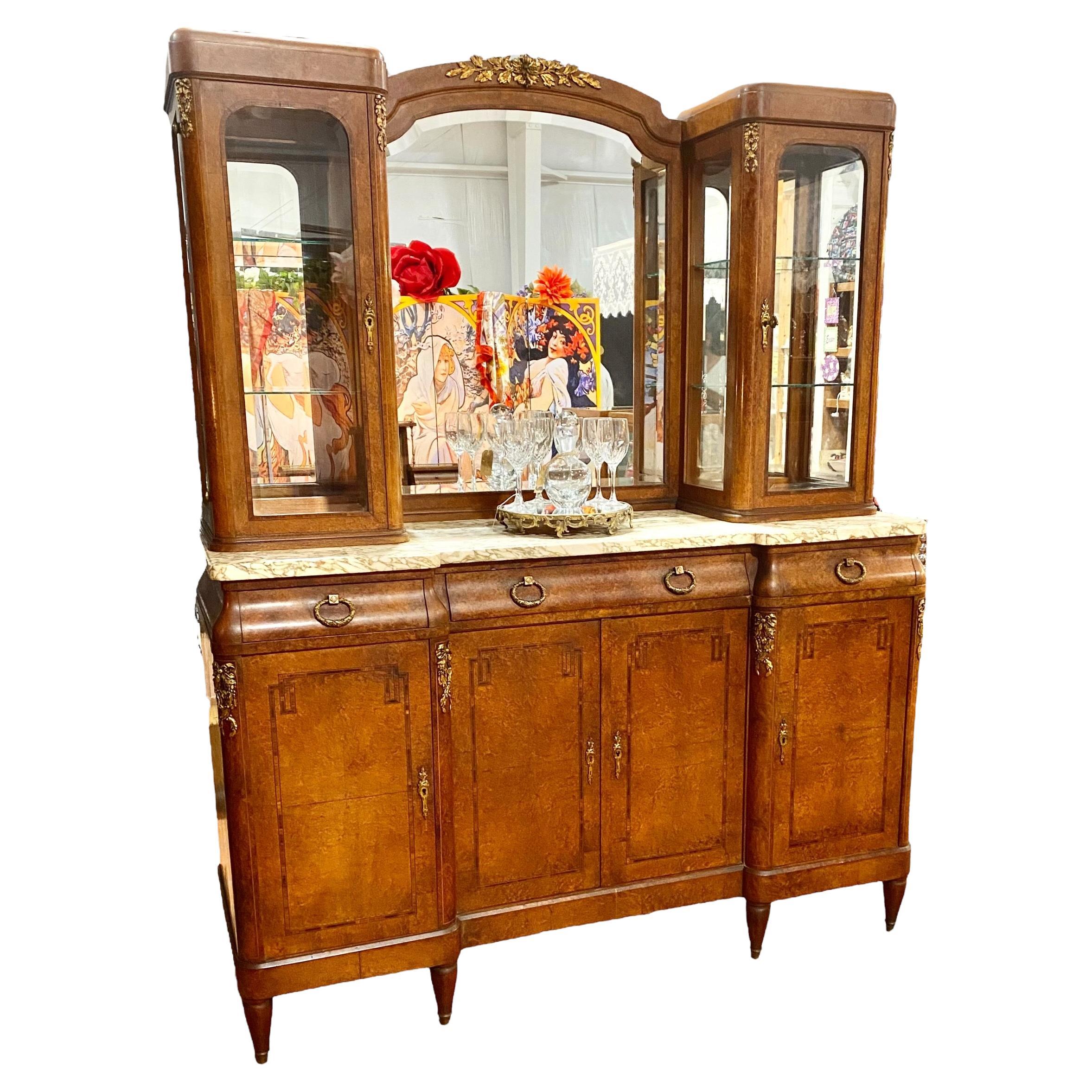 Antique French Beaux Arts Inlaid Bird’S-Eye Maple and Marble Sideboard/Bar