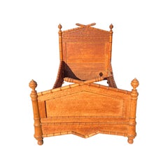 Antique French Bed Frame Headboard Set in Birds Eye Maple Faux Bamboo English