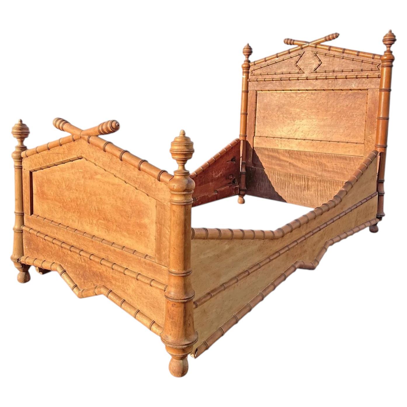 Antique French Bed Frame Headboard Set in Birds Eye Maple Faux Bamboo English
