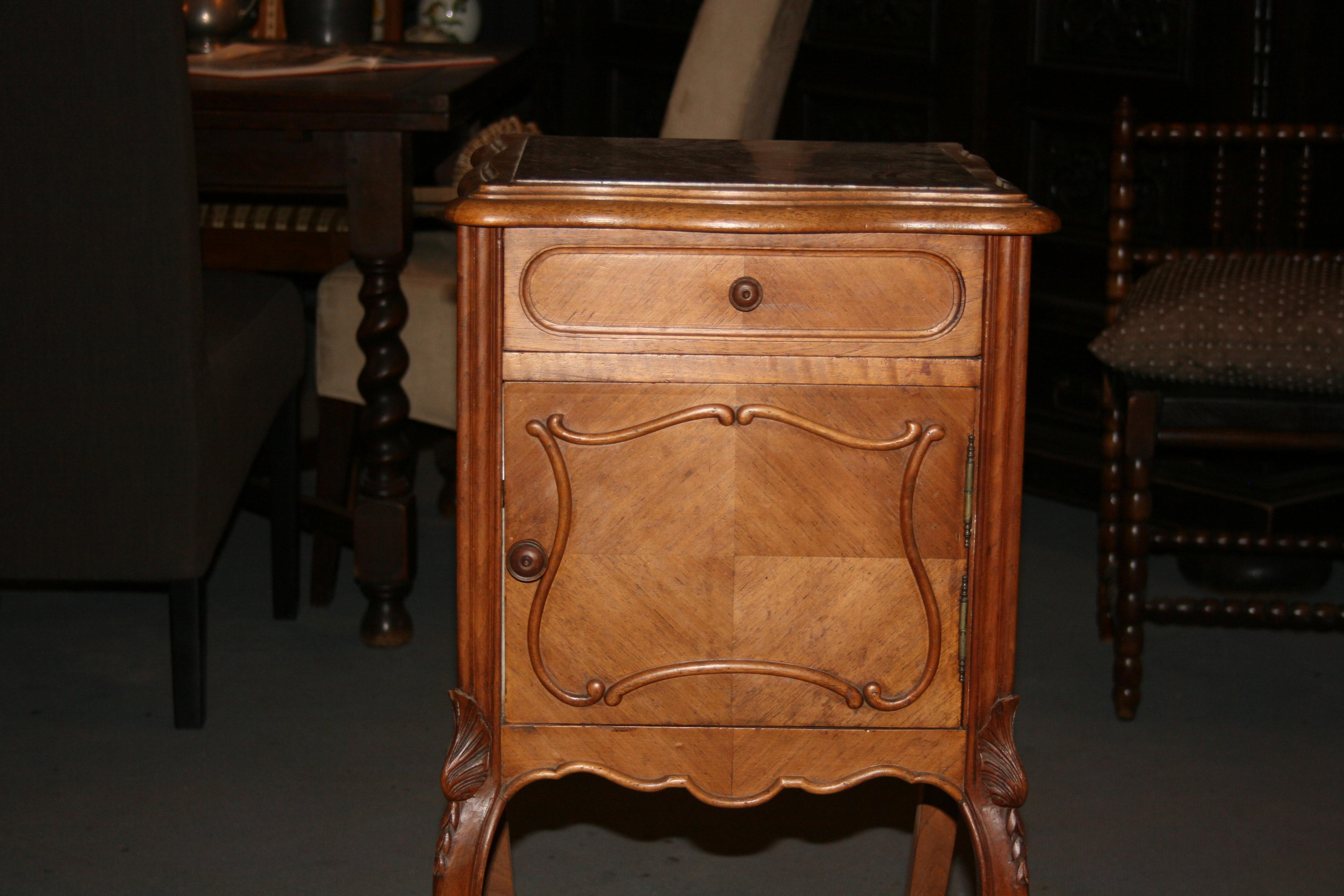 19th Century Antique French Bedside Nightstand, Oak with Marble, circa 1880