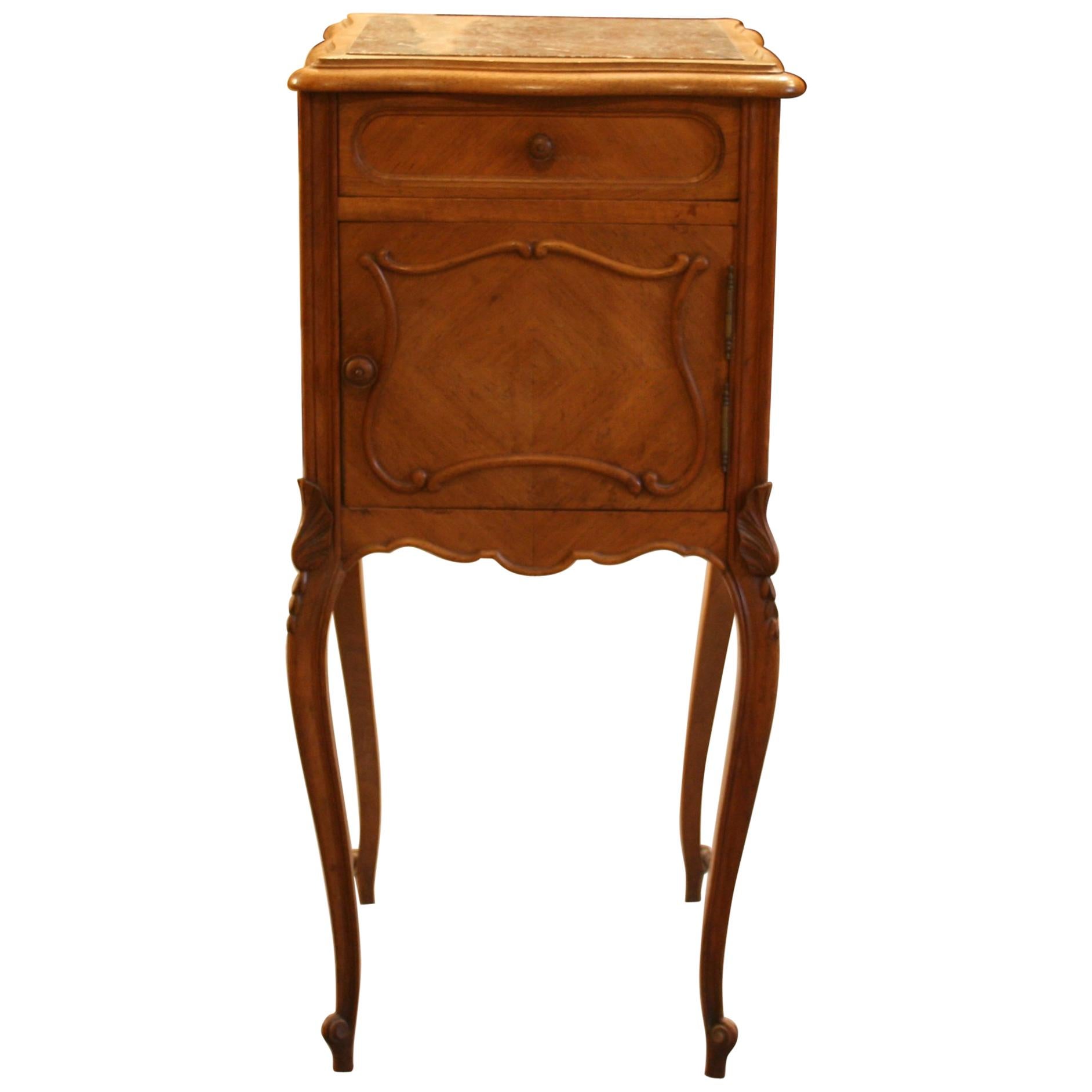 Antique French Bedside Nightstand, Oak with Marble, circa 1880