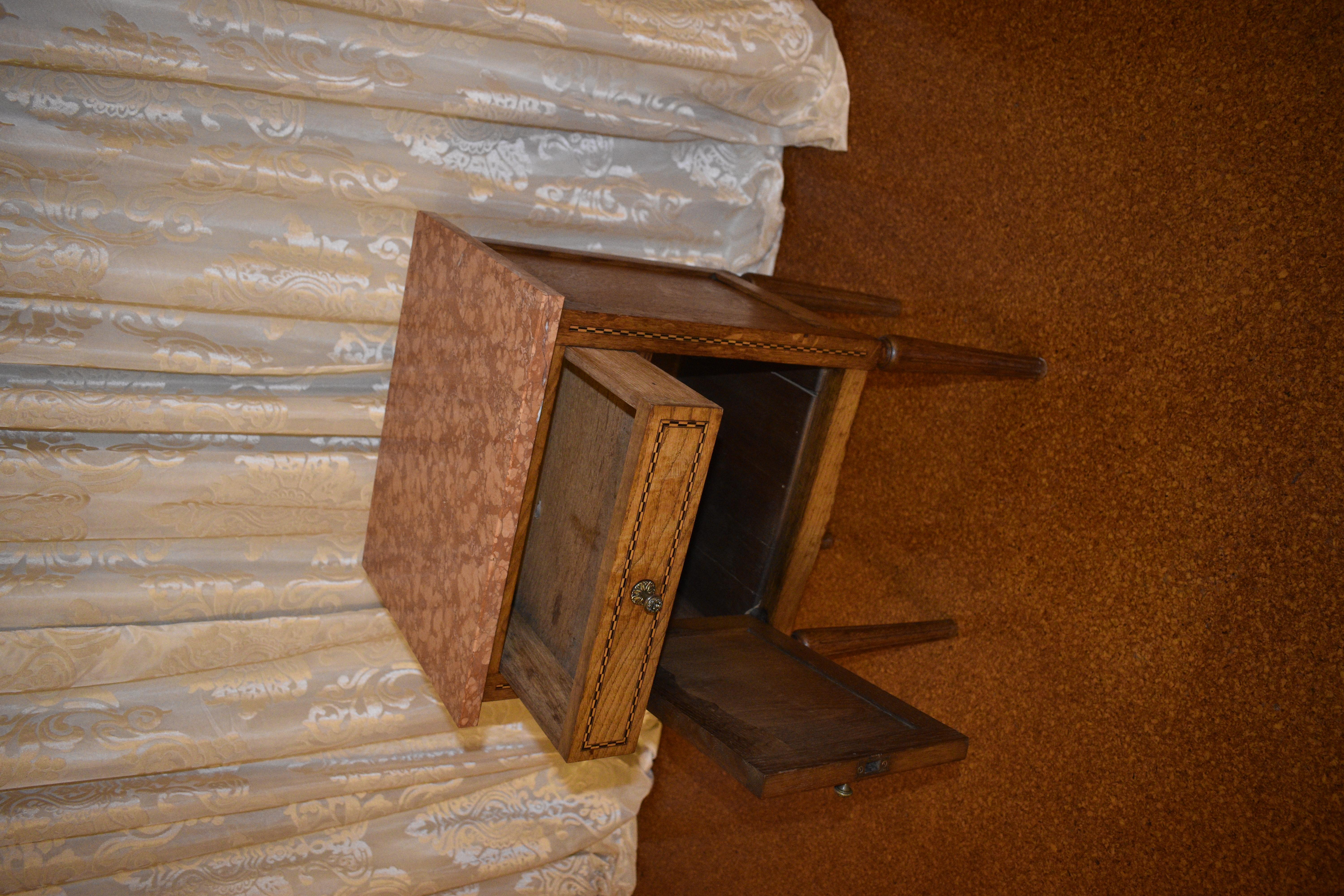 Antique French Bedside Table, Oak and Marble Tumbridge Ware 8