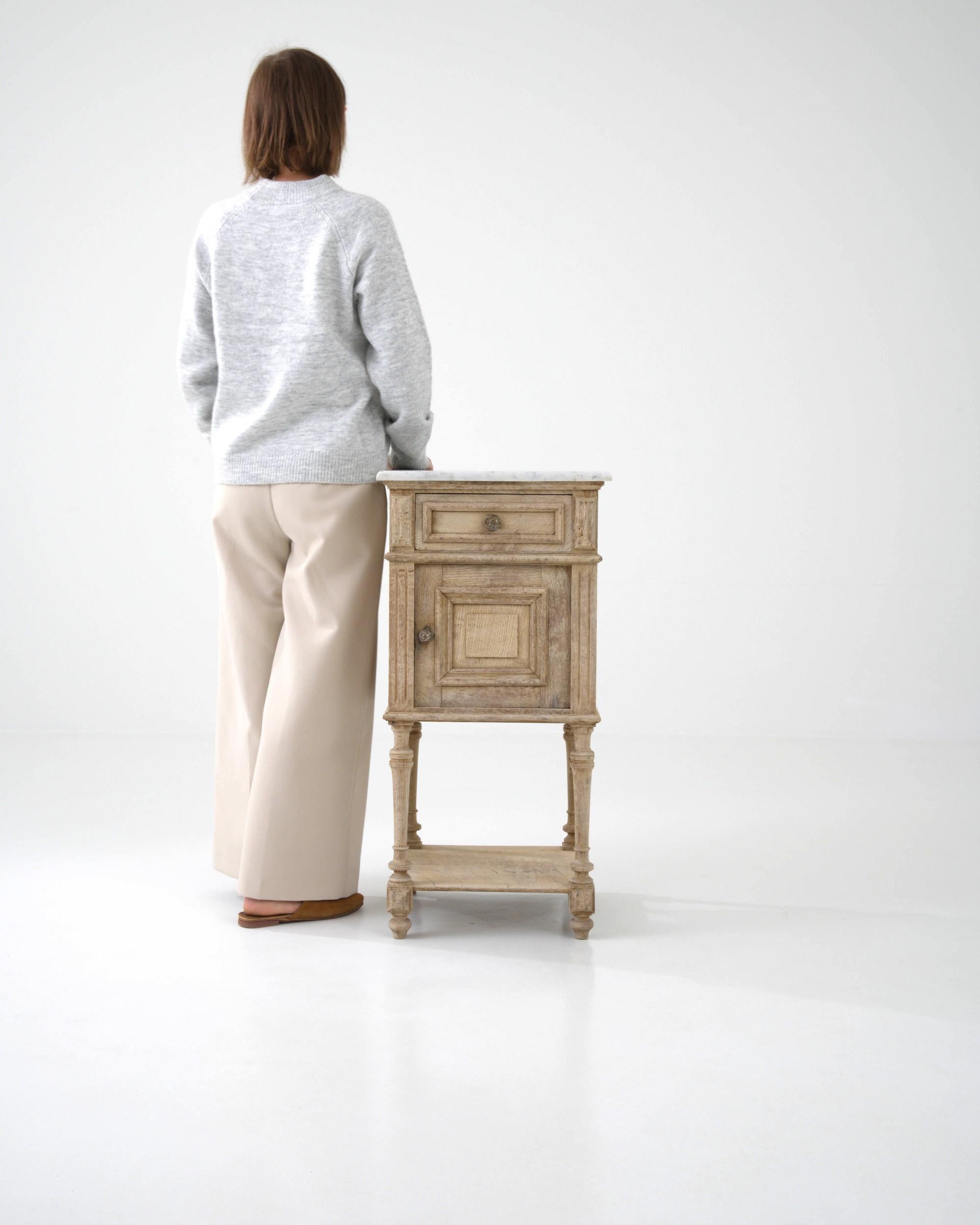 Bleached Antique French Bedside Table with Marble Top