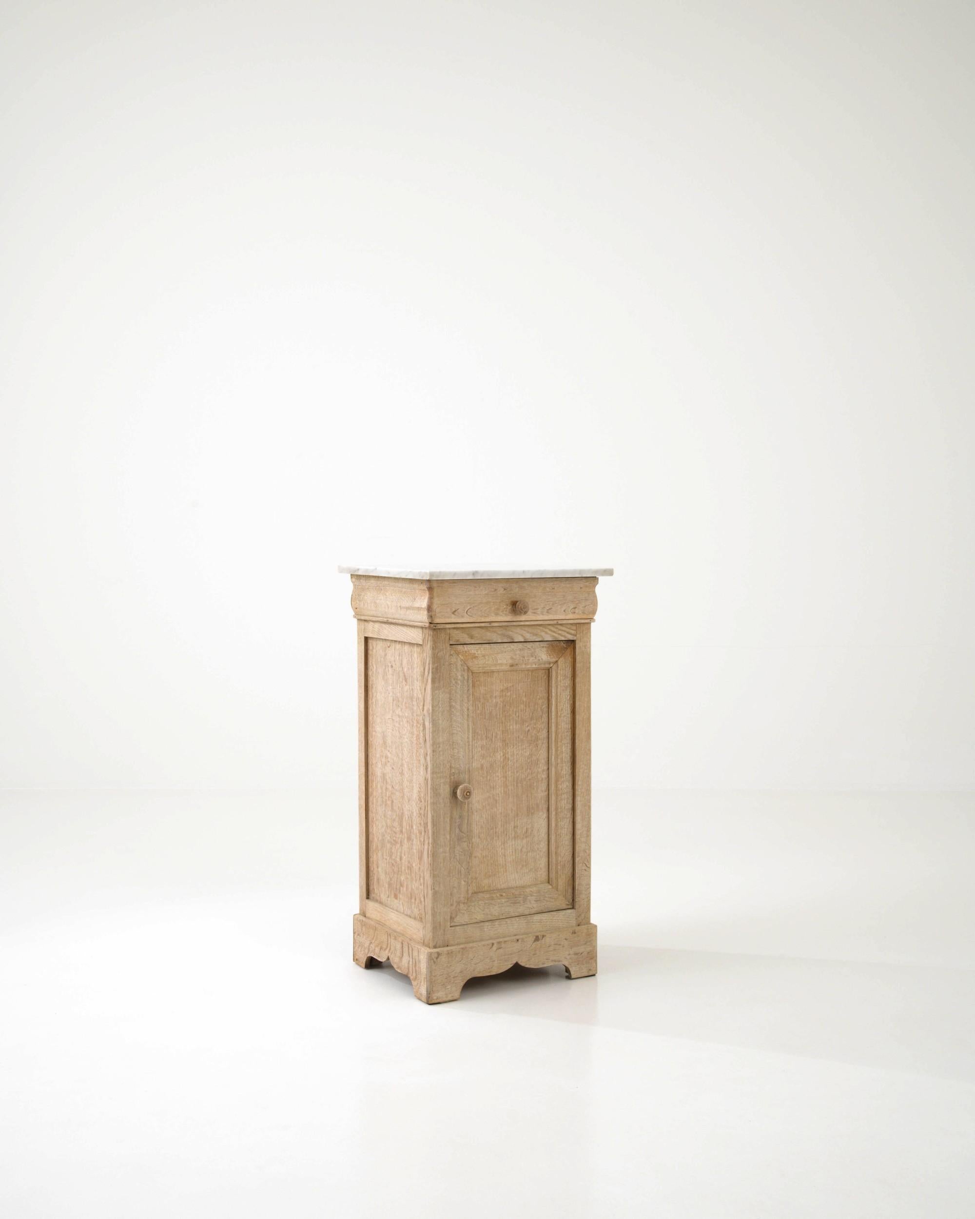 Bleached Antique French Bedside Table with Marble Top