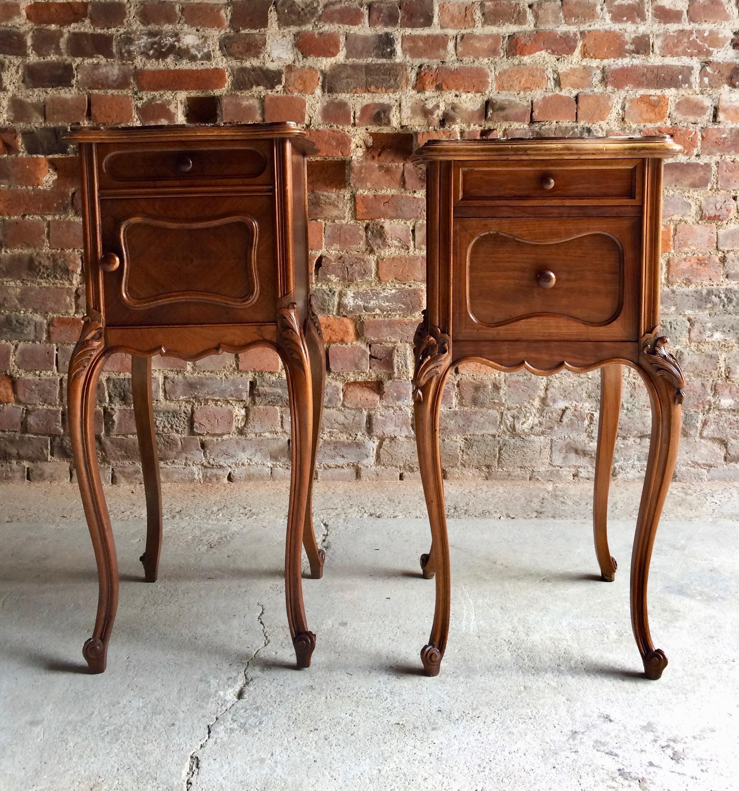 French Provincial Antique French Bedside Tables Nightstands Marble Pair Victorian, 1875