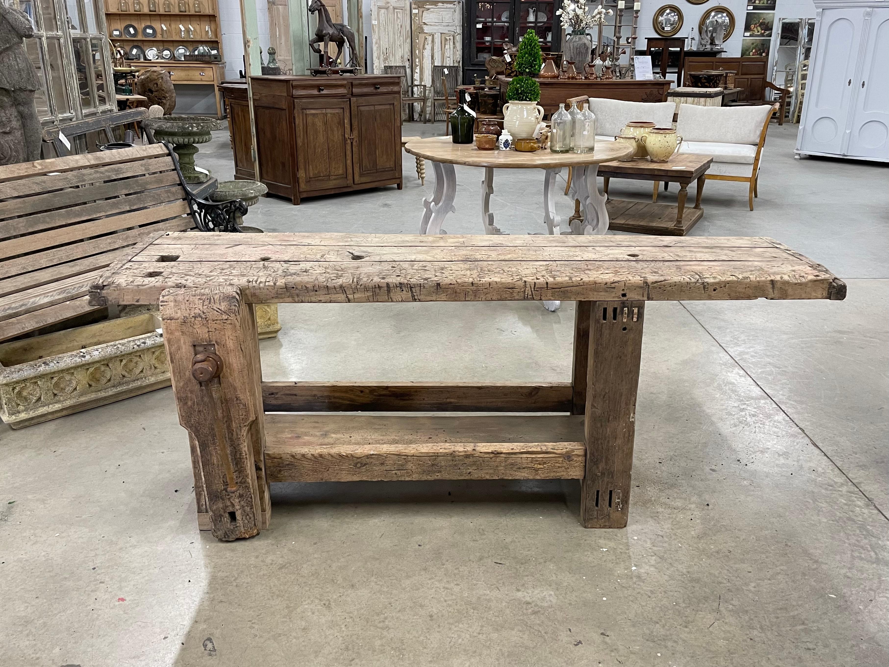 Rustic Antique French Beech Wood Workbench