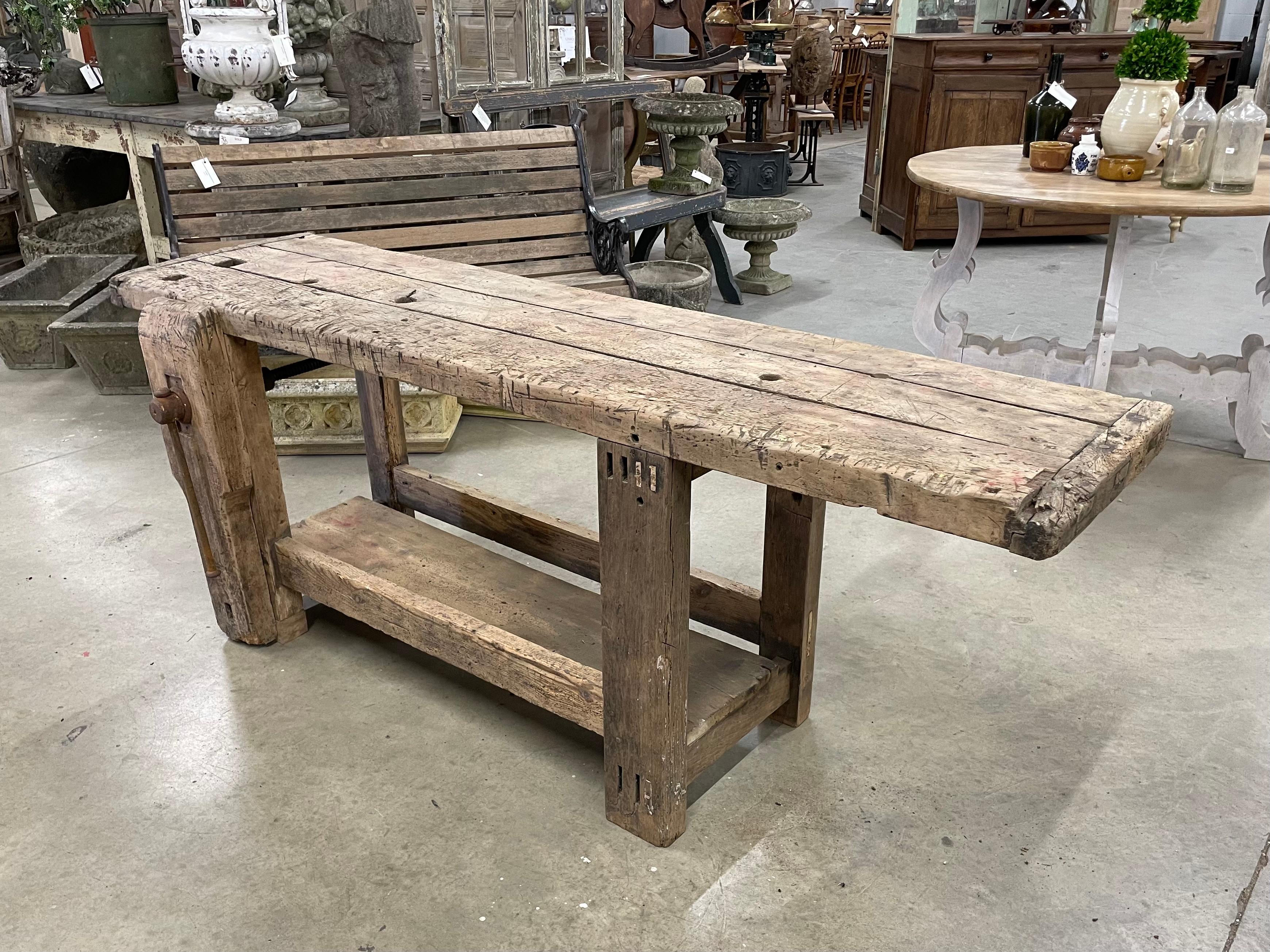 Antique French Beech Wood Workbench 1