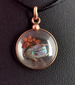 Antique French Beetle and Flower Locket Pendant, 9k Rose Gold