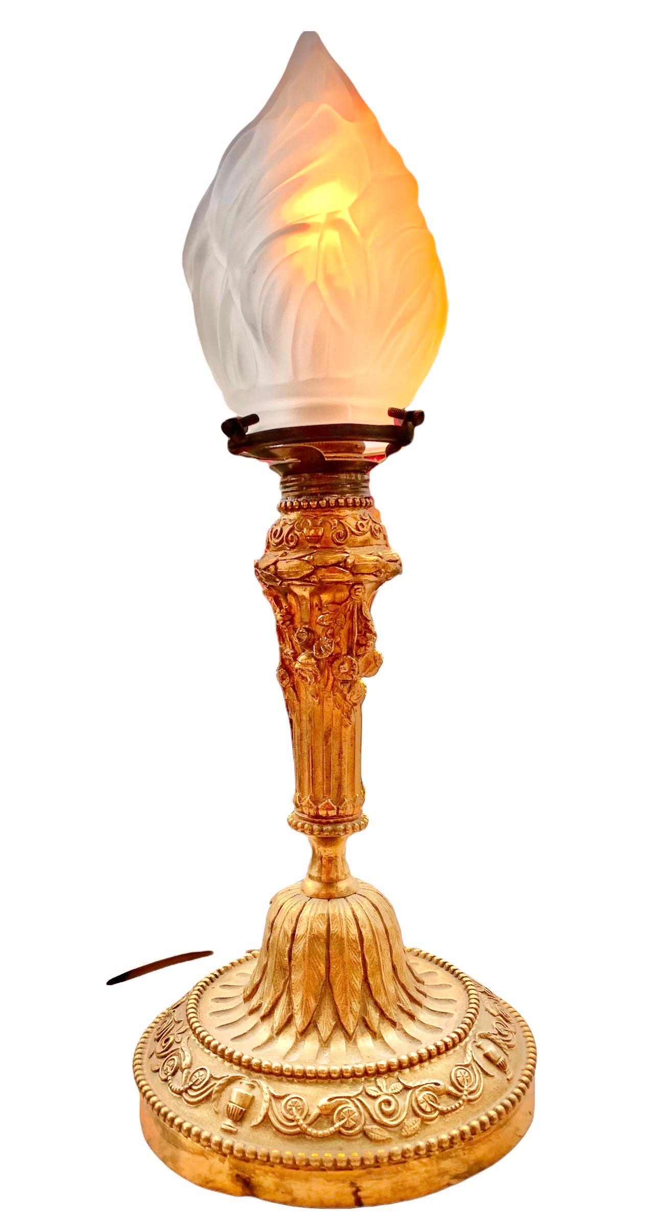 Antique French Belle Epoch Gilt Bronze Candle Stick Lamp 1
