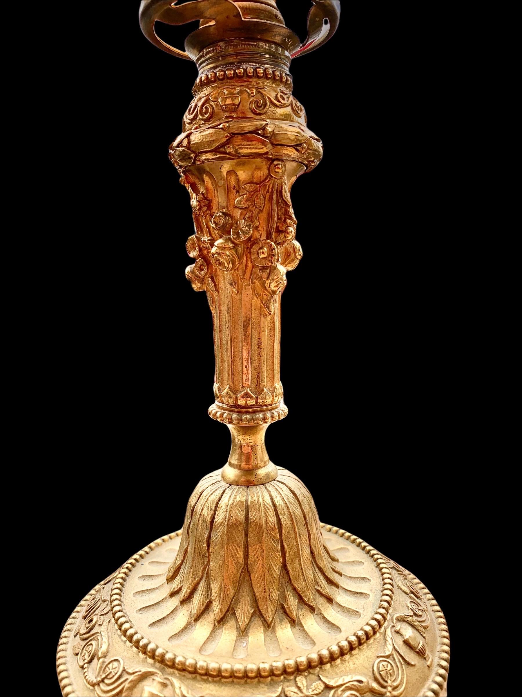 Antique French Belle Epoch Gilt Bronze Candle Stick Lamp 2