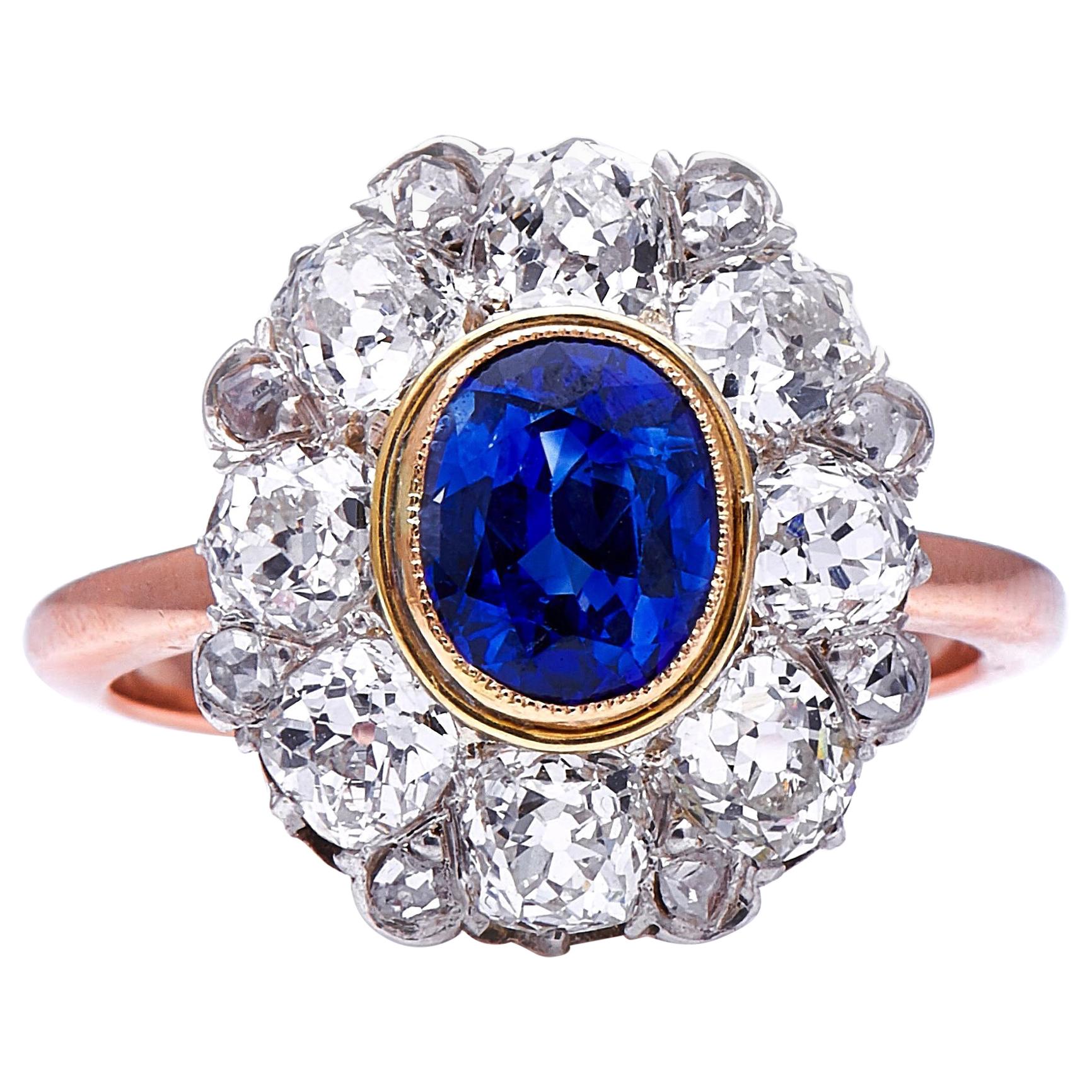 Antique, French, Belle Époque, 18 Carat Gold, Sapphire and Diamond Cluster Ring For Sale