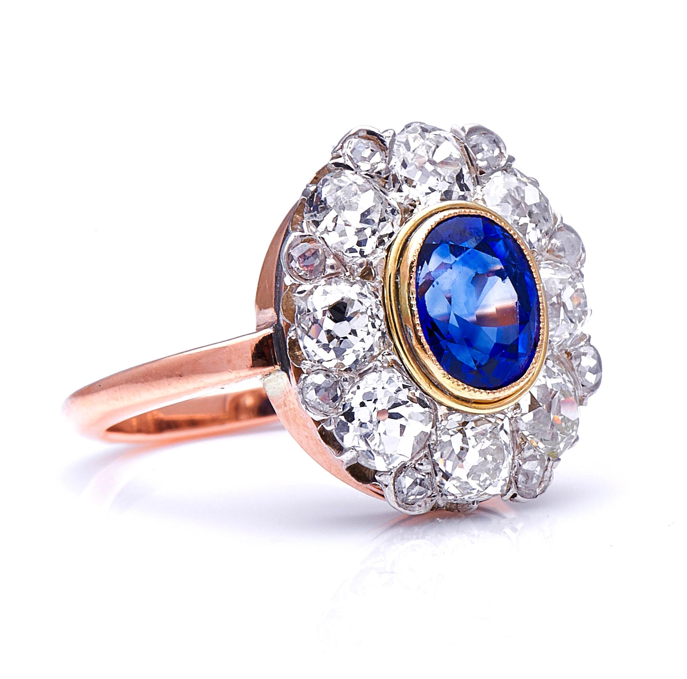 French, Sapphire and diamond ring, circa 1900. 

This cluster ring comes from a turning point in jewellery design – the very end of the 19th century, which heralded the beginning of the era known as the ‘Belle Époque’. This setting, while still in