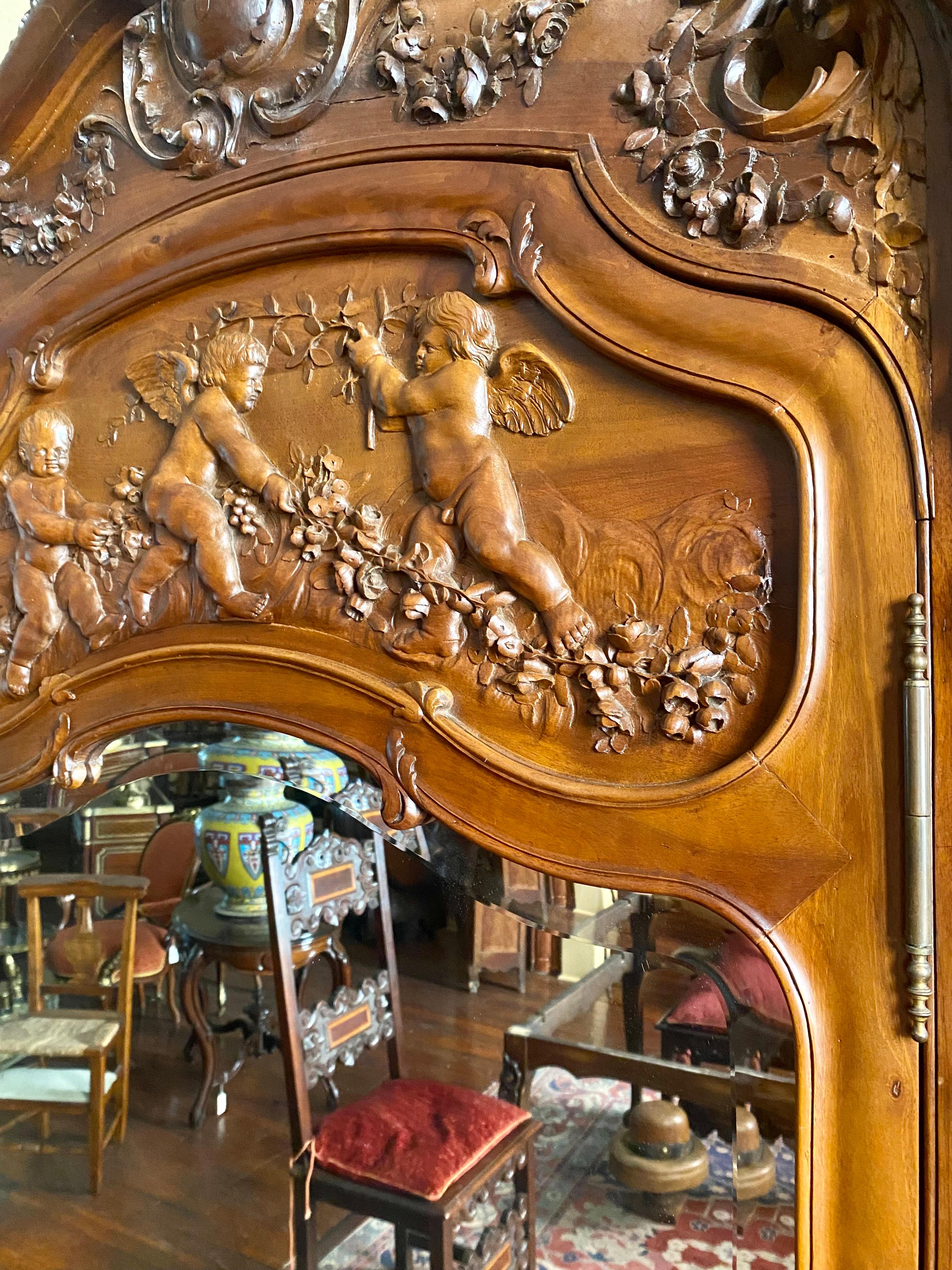 19th Century Antique French Belle Époque 3 Door Walnut Armoire with Beveled Mirror Circa 1880