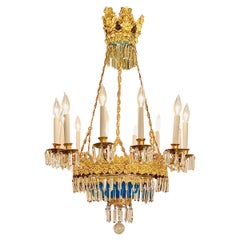 Antique French Belle Époque Blue Opaline Glass 12-Light Chandelier, Circa 1890
s
