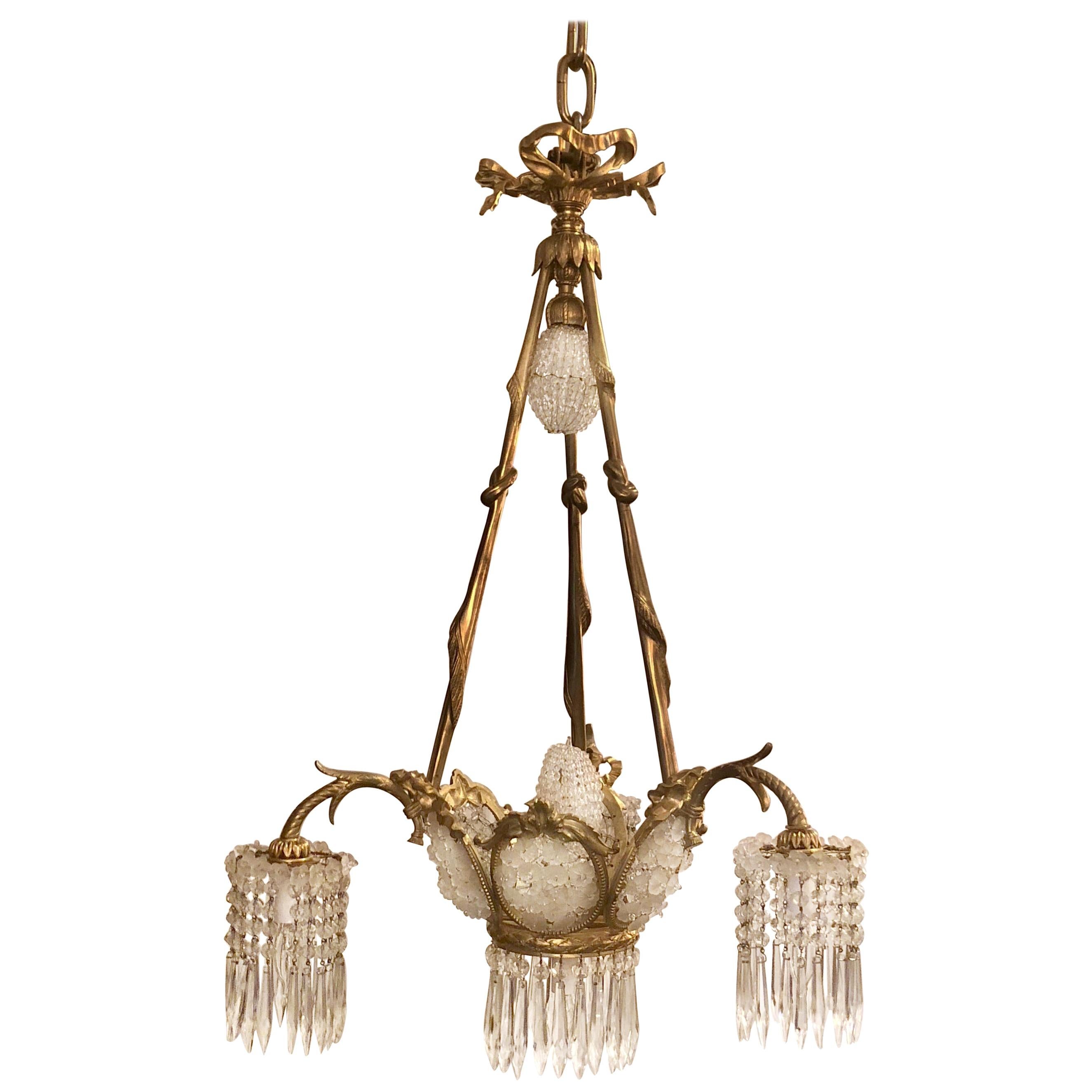 Antique French "Belle Epoque" Bronze and Crystal Beaded Chandelier, circa 1890 For Sale