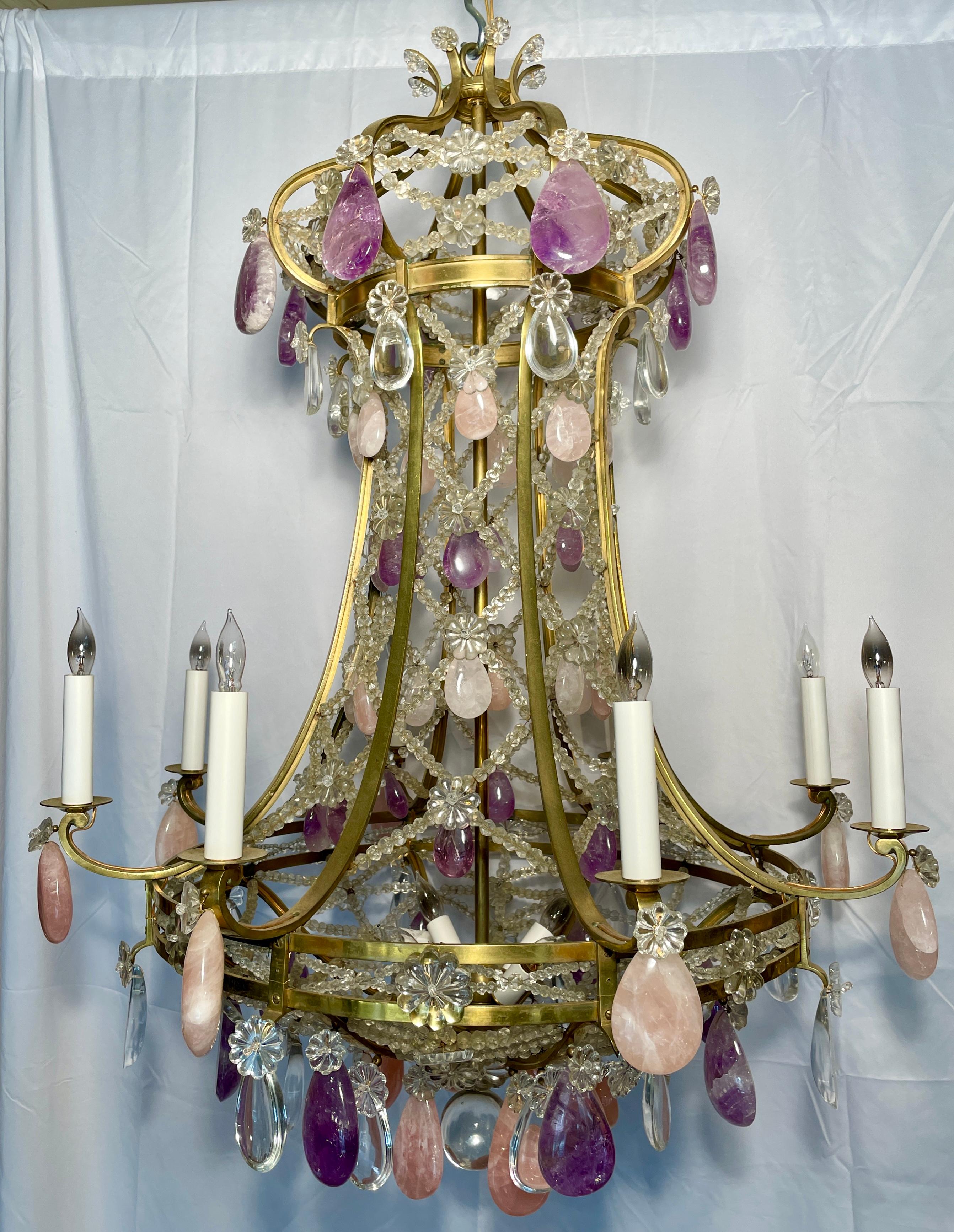 Antique French Belle Époque gold bronze, cut glass, and rose quartz & amethyst crystal chandelier. Exceptional quality.