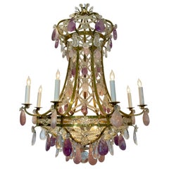 Lustre ancien français Belle Époque en bronze, quartz rose et cristal d'améthyste