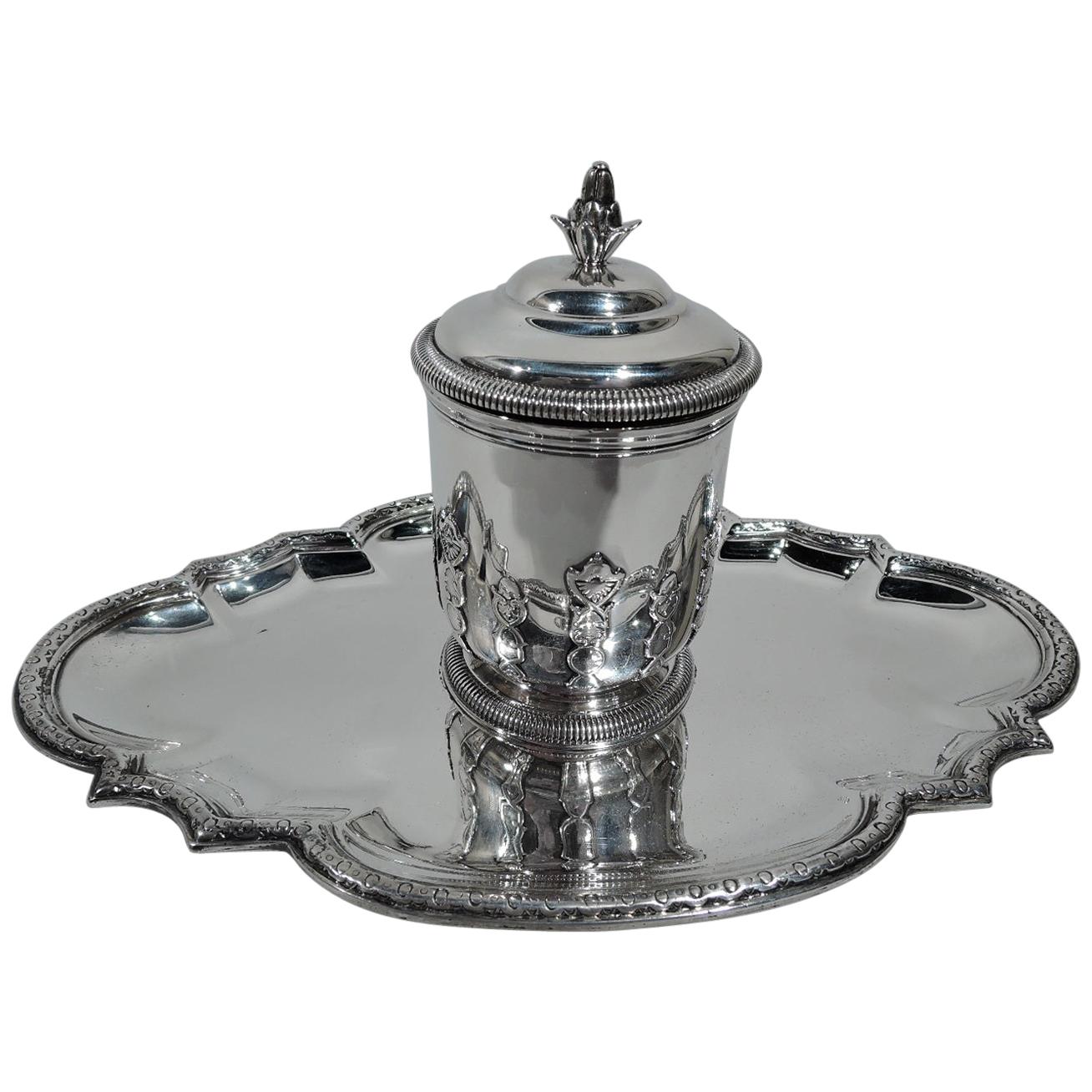 Antique French Belle Époque Classical Silver Inkwell on Stand
