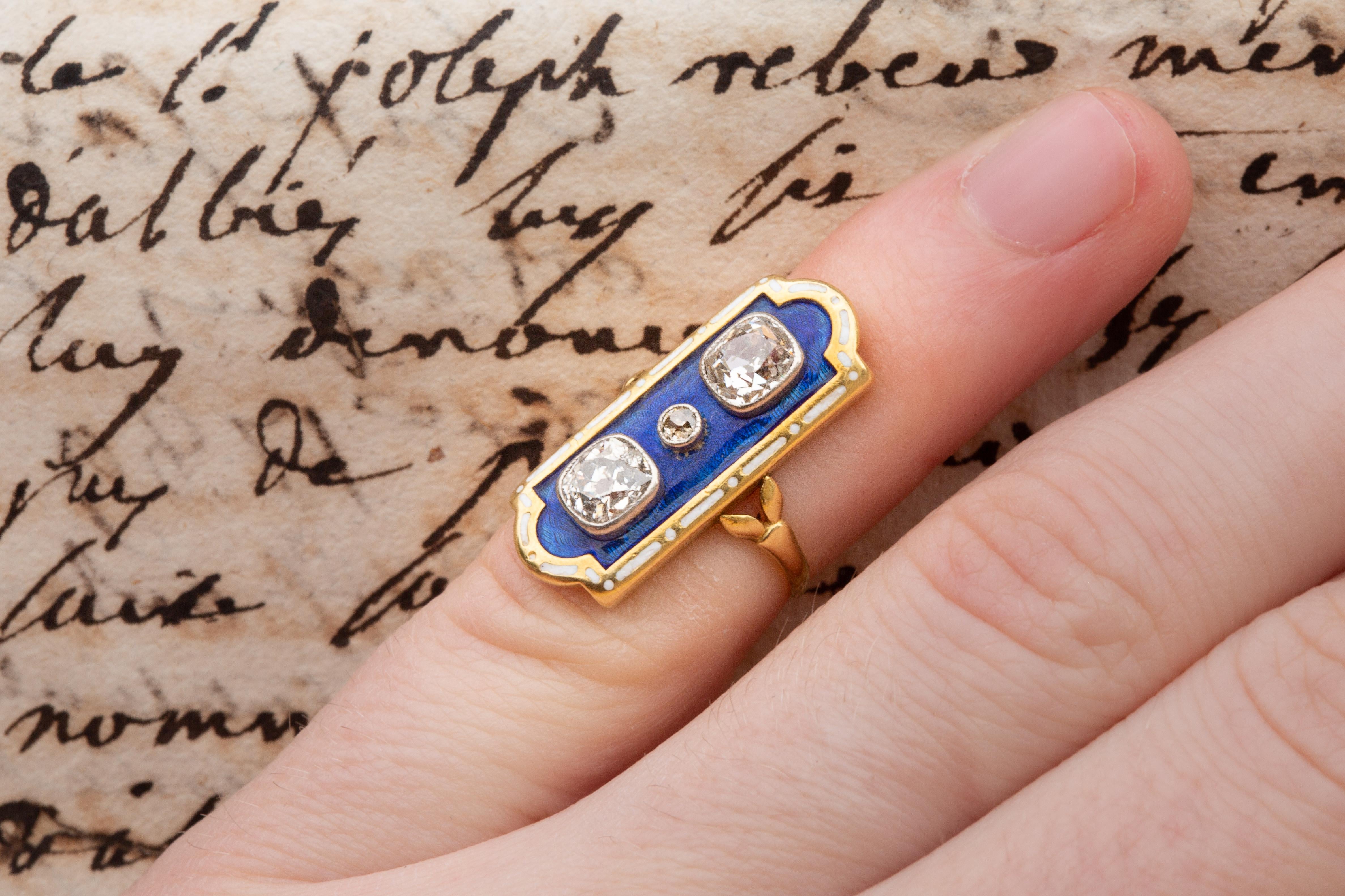 Antique French Belle Epoque Diamond and Enamel Ring Gold Firmament Enfantement en vente 3