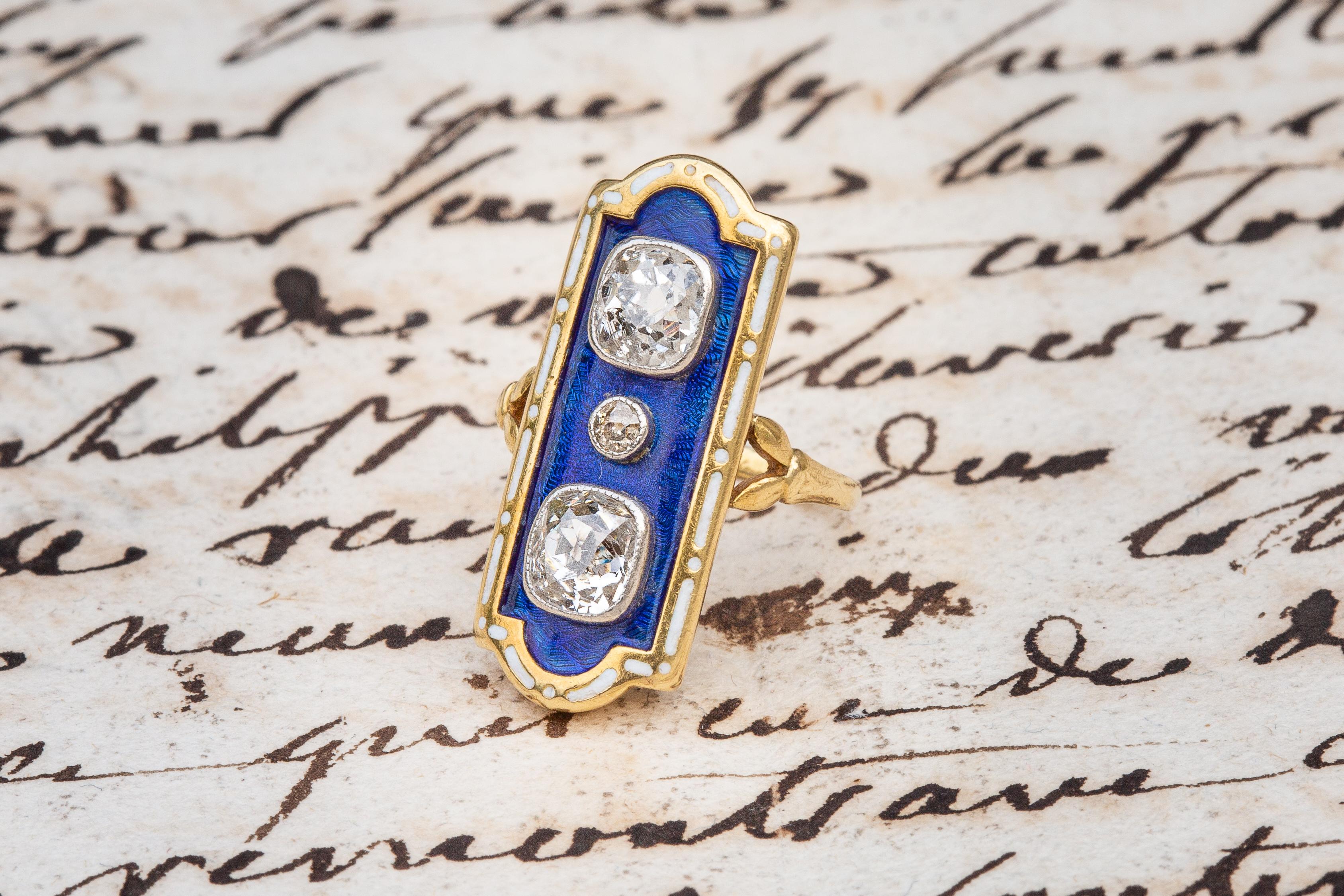 A small, delicate and beautifully handcrafted ring made in France during the Belle Epoque era, circa 1900. The design is inspired by late 18th century French ring types known as ‘firmament’ and ‘enfantement’ rings. They were designed by French