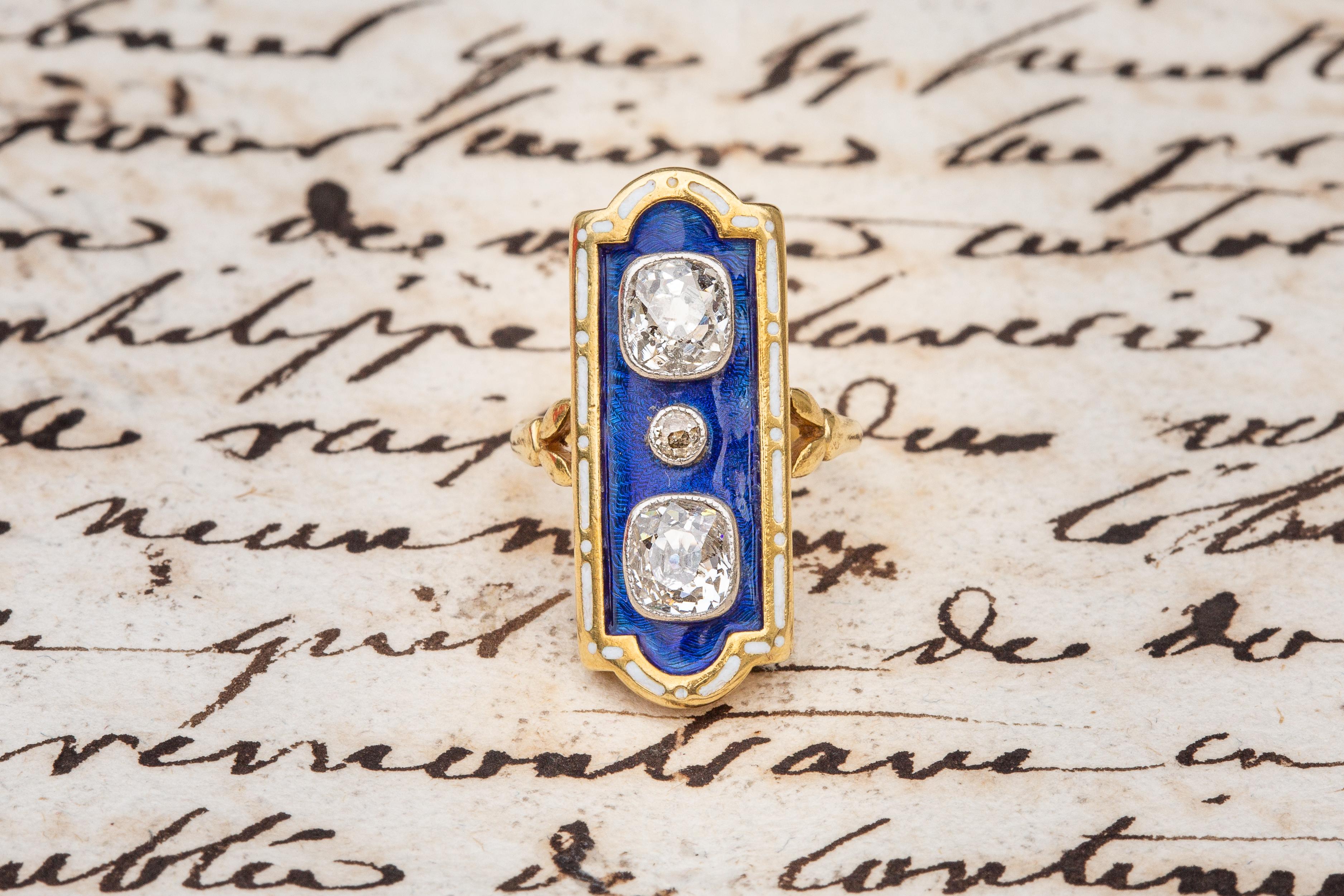 Belle Époque Antique French Belle Epoque Diamond and Enamel Ring Gold Firmament Enfantement For Sale
