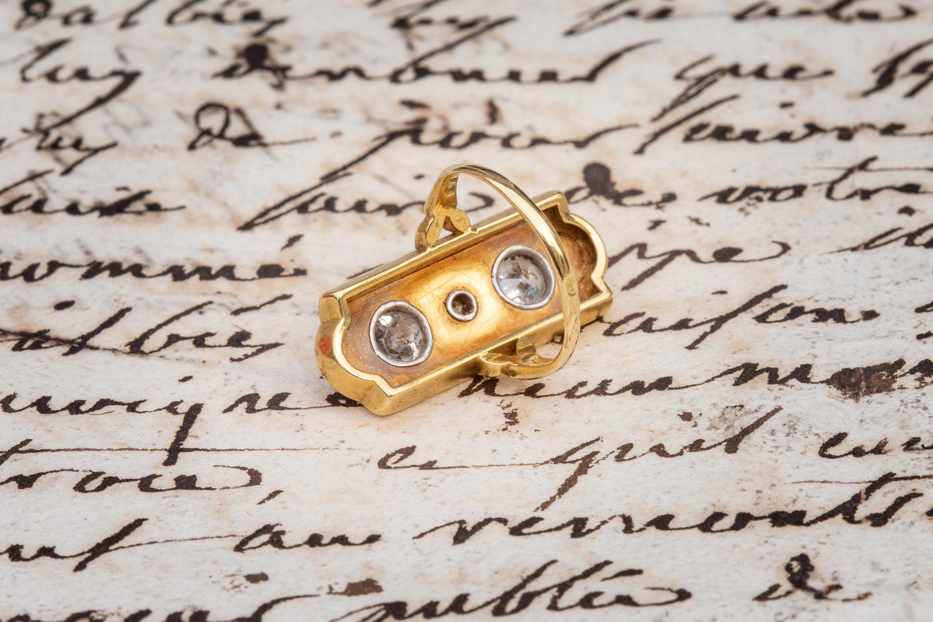 Old Mine Cut Antique French Belle Epoque Diamond and Enamel Ring Gold Firmament Enfantement For Sale