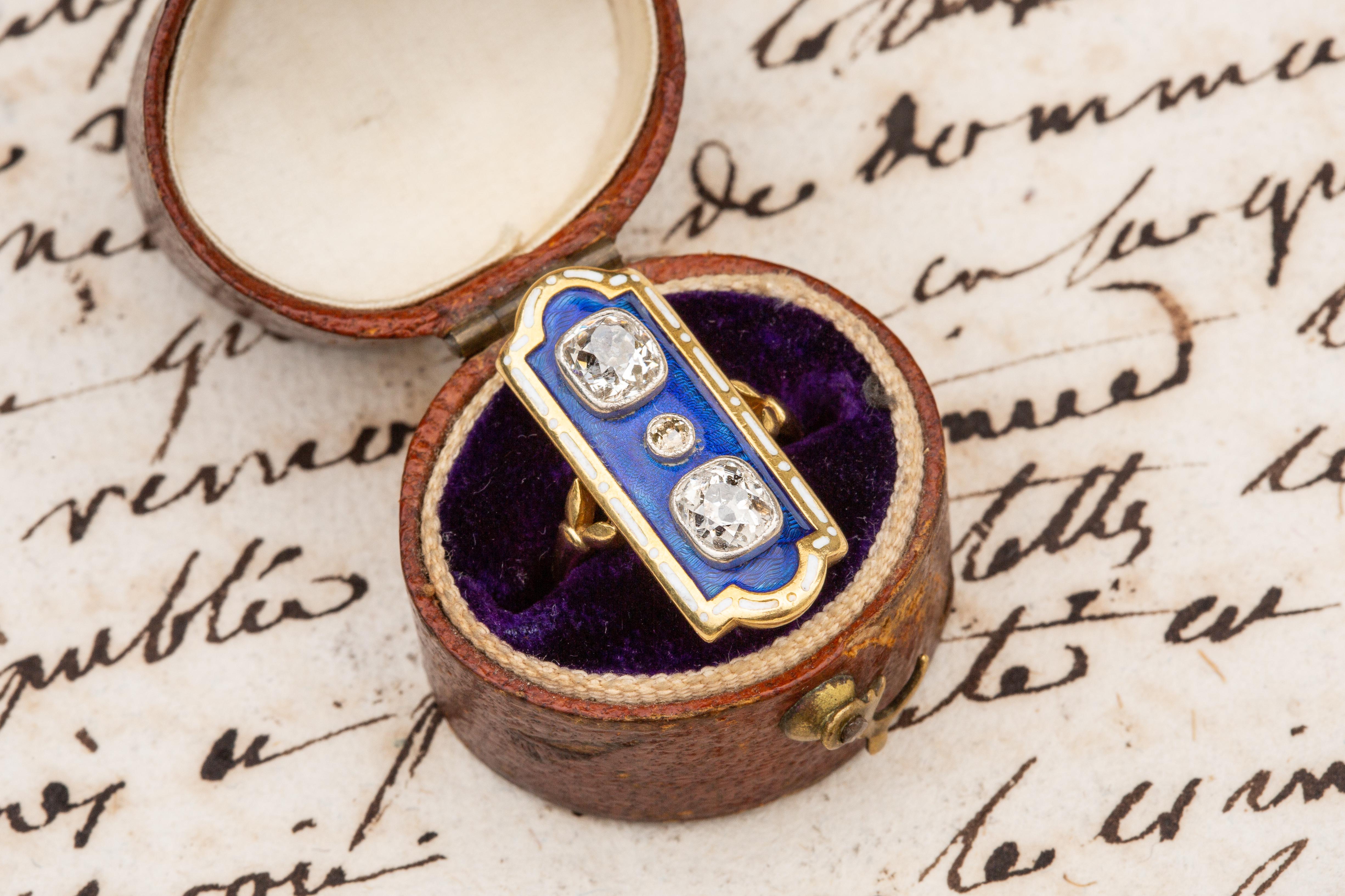 Antique French Belle Epoque Diamond and Enamel Ring Gold Firmament Enfantement en vente 2