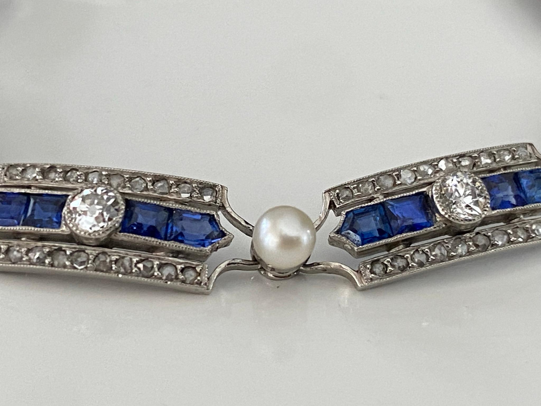 Belle Époque Antique French Belle Epoque Diamond Sapphire and Pearl Bracelet For Sale