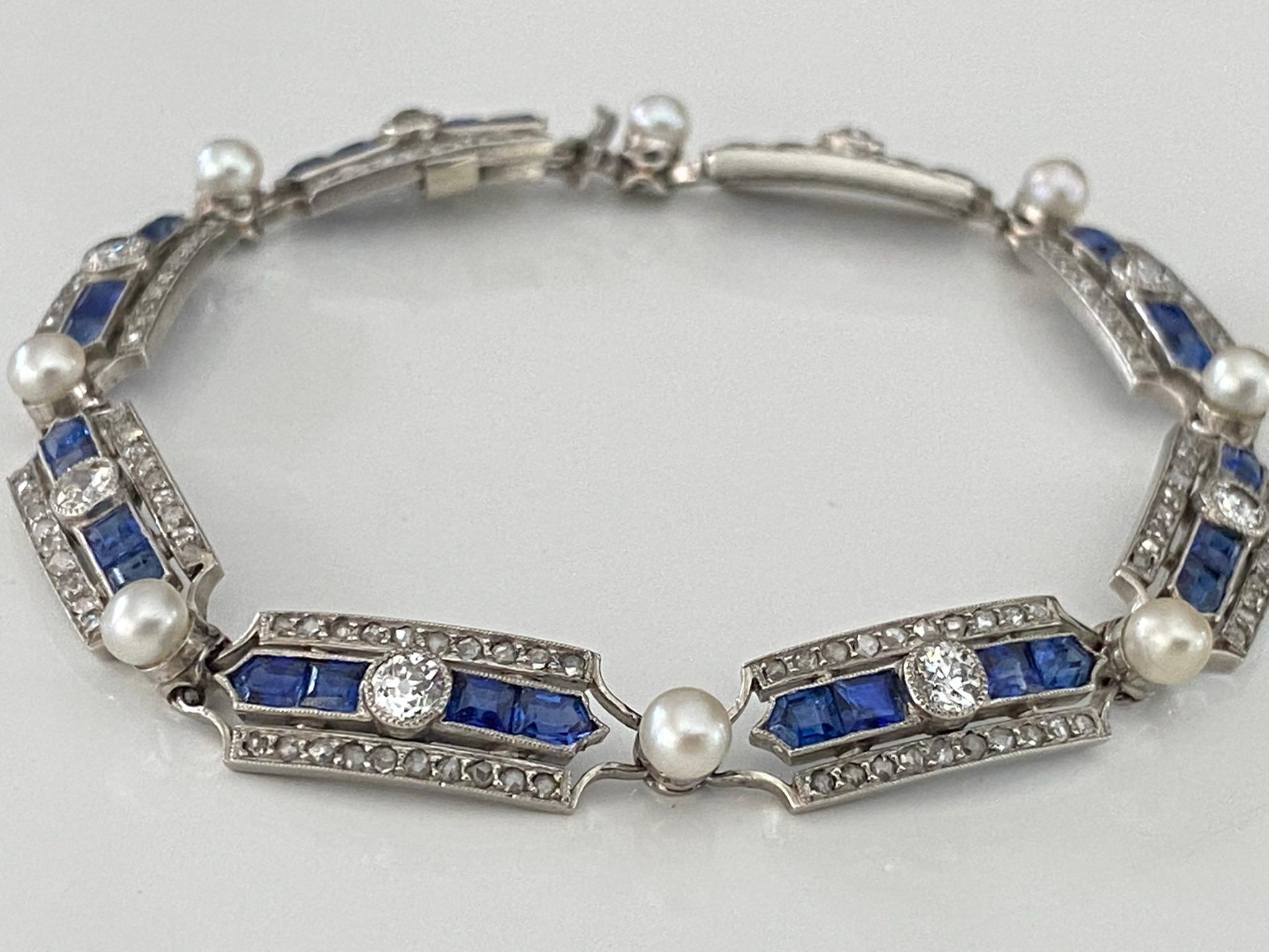 Mixed Cut Antique French Belle Epoque Diamond Sapphire and Pearl Bracelet For Sale