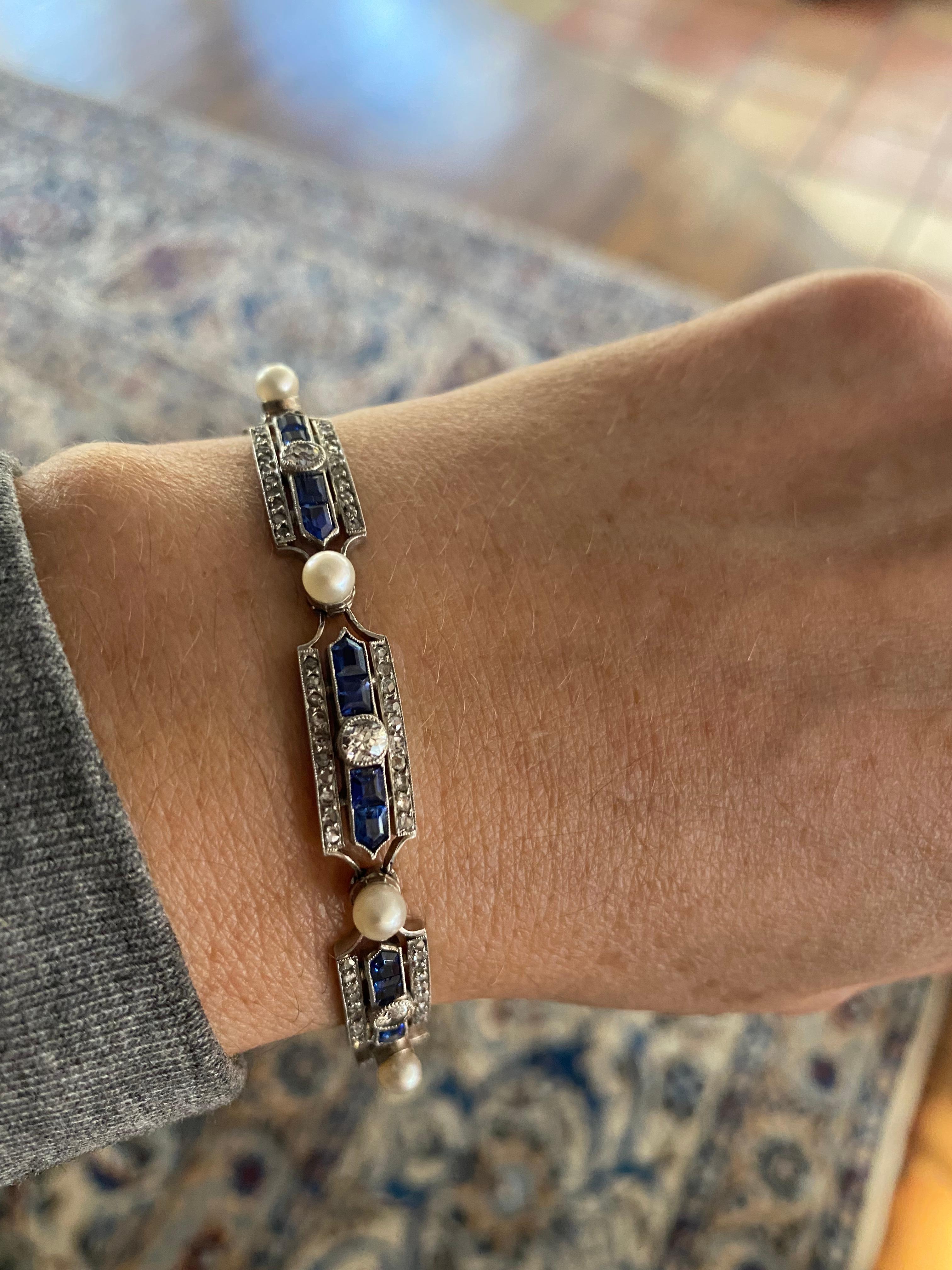 Women's Antique French Belle Epoque Diamond Sapphire and Pearl Bracelet For Sale