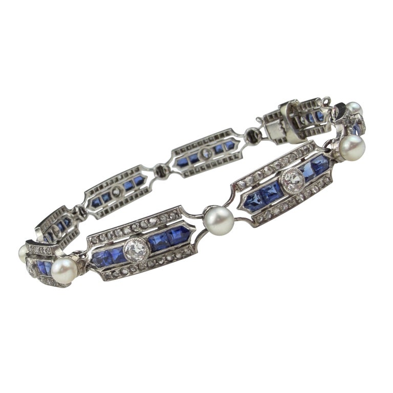 Antique French Belle Epoque Diamond Sapphire and Pearl Bracelet