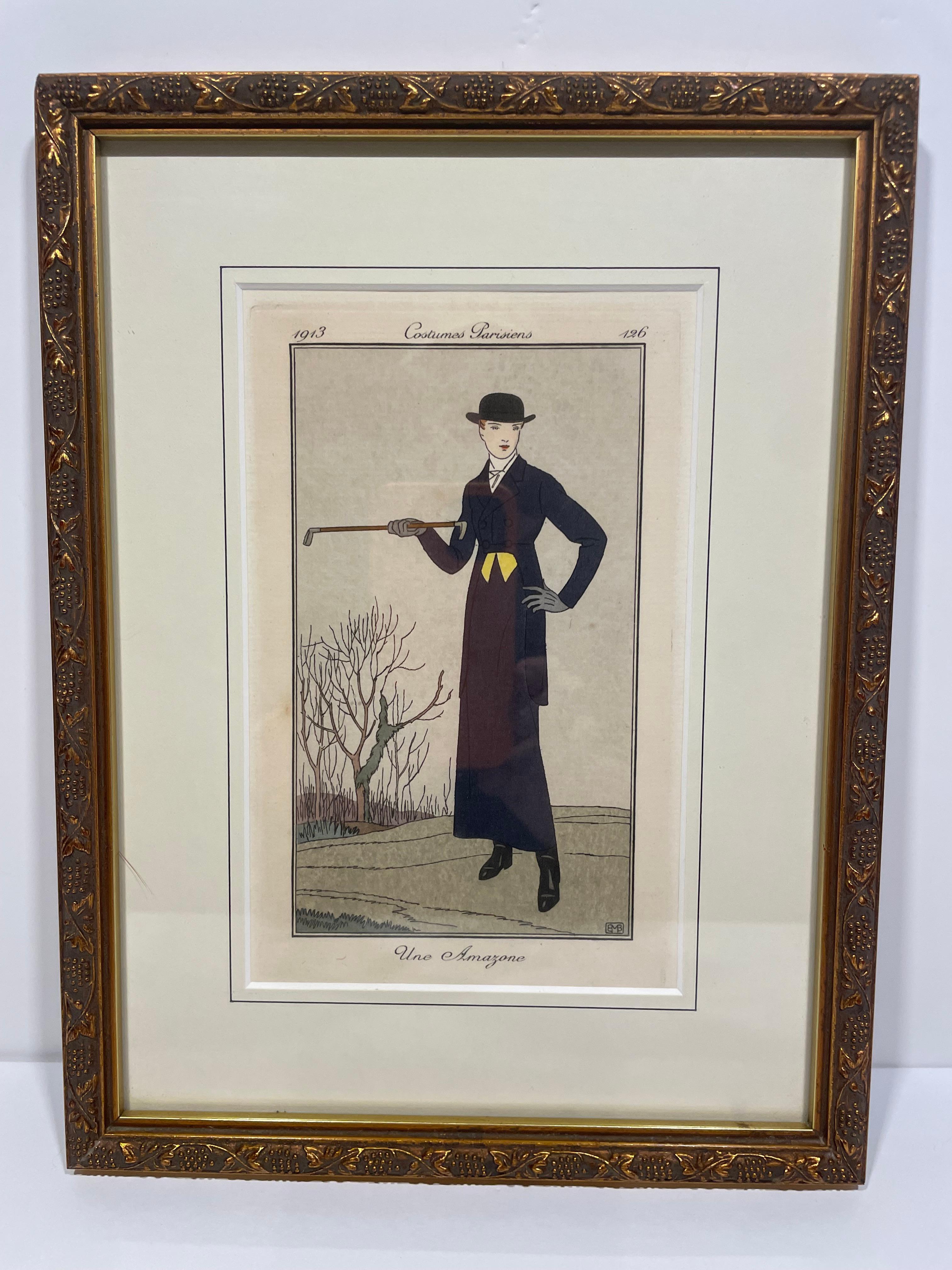 Three stunning and rare hand-painted French engravings depict Parisian couture at the height of the Belle Epoque and Art Nouveau Movement (1880-1914). Each composition also gives the viewer a glimpse at high-Parisian culture and lifestyle just