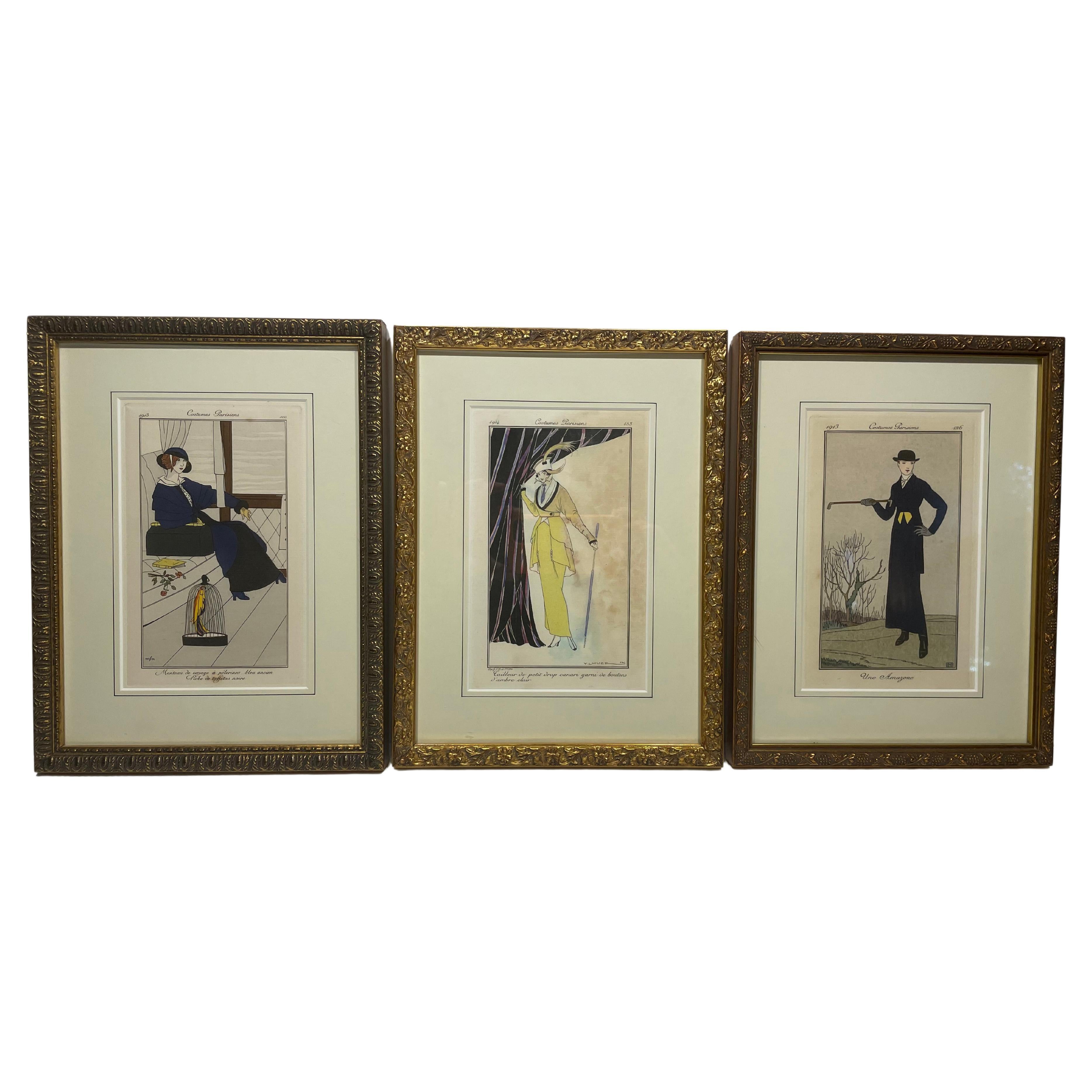 Antique French Belle Epoque Figurative Hand-Painted Engravings - Set of 3 For Sale