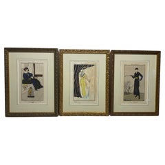 Antique French Belle Epoque Figurative Hand-Painted Engravings - Set of 3