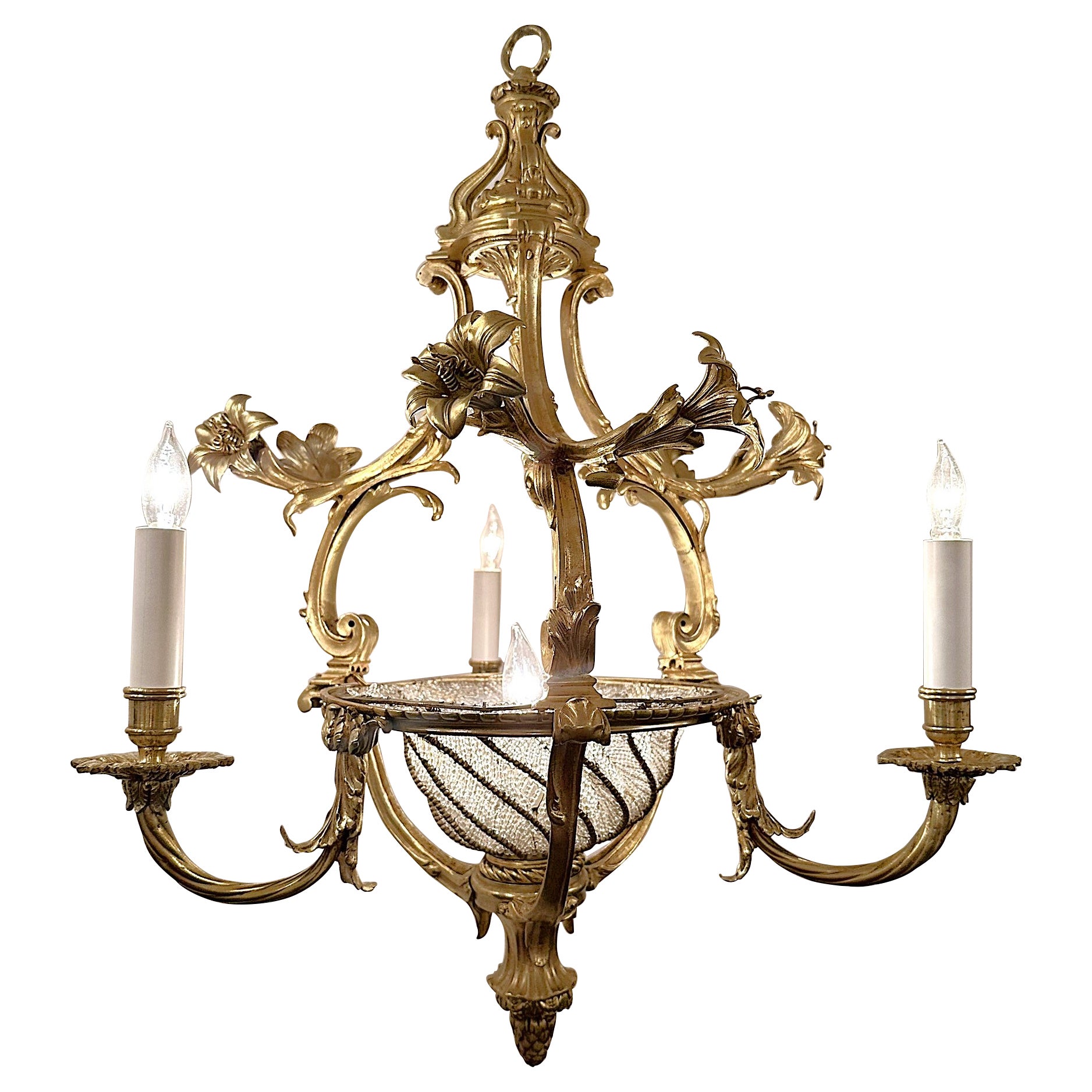 Antique French Belle Époque Gold Bronze 
Crystal Beaded Chandelier, Circa 1880.