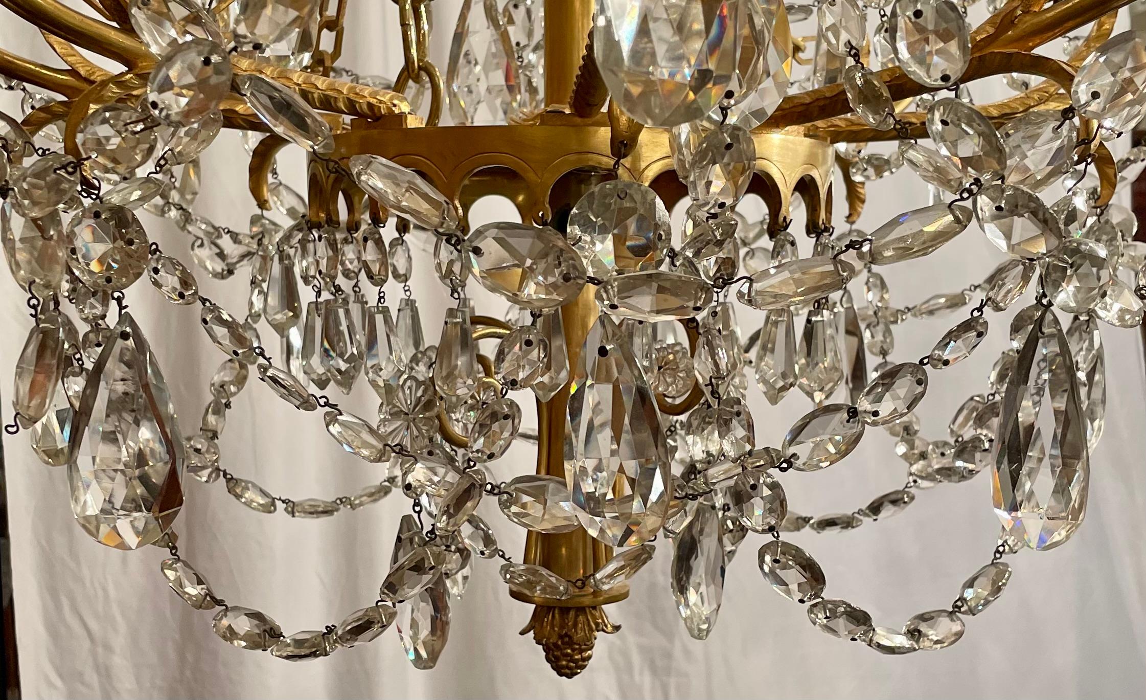 Antique French Belle Époque Gold Bronze & Cut Crystal 2-Tier Chandelier, Ca 1910 In Good Condition For Sale In New Orleans, LA