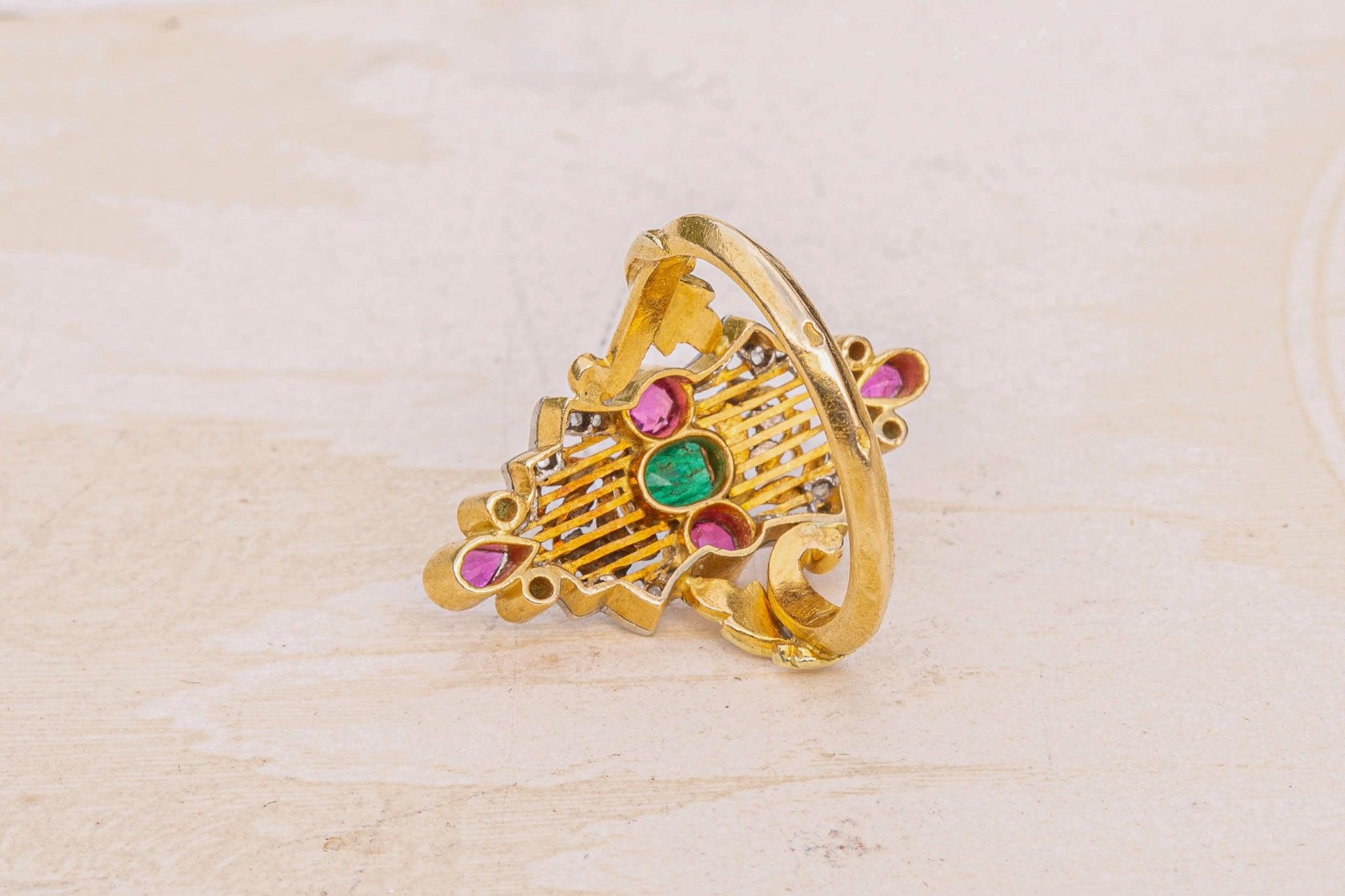De las mujeres Antique French Belle Époque Anillo de Oro Rubíes Esmeraldas y Diamantes Anillo de Mujer