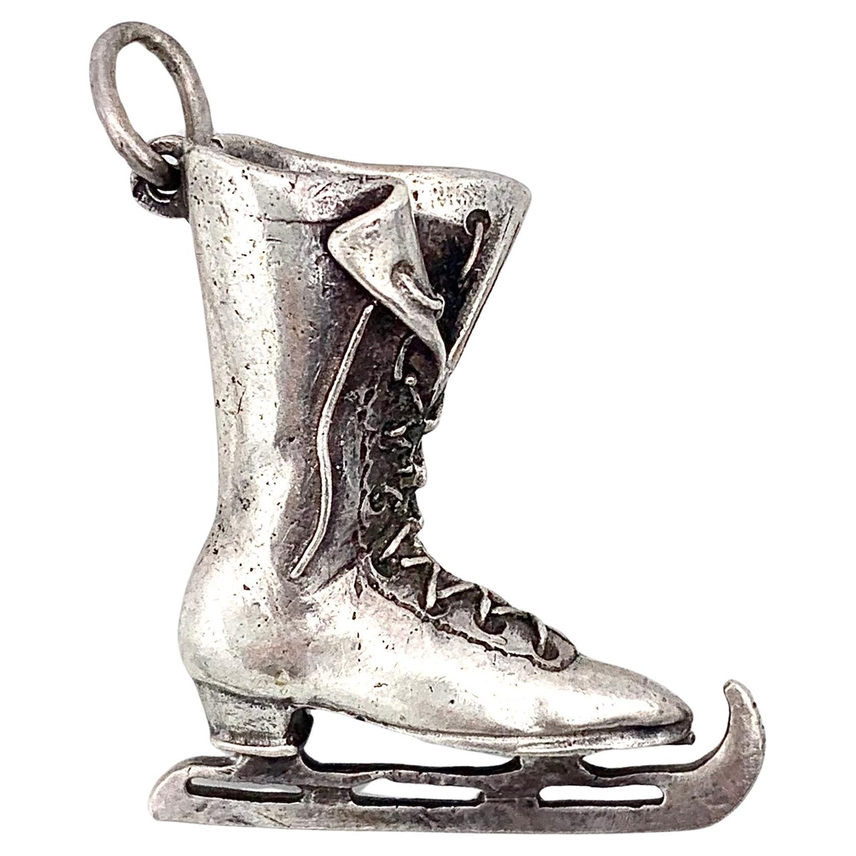 Antique French Belle Époque Ice Skating Boot Charm Pendant Necklace Silver  For Sale