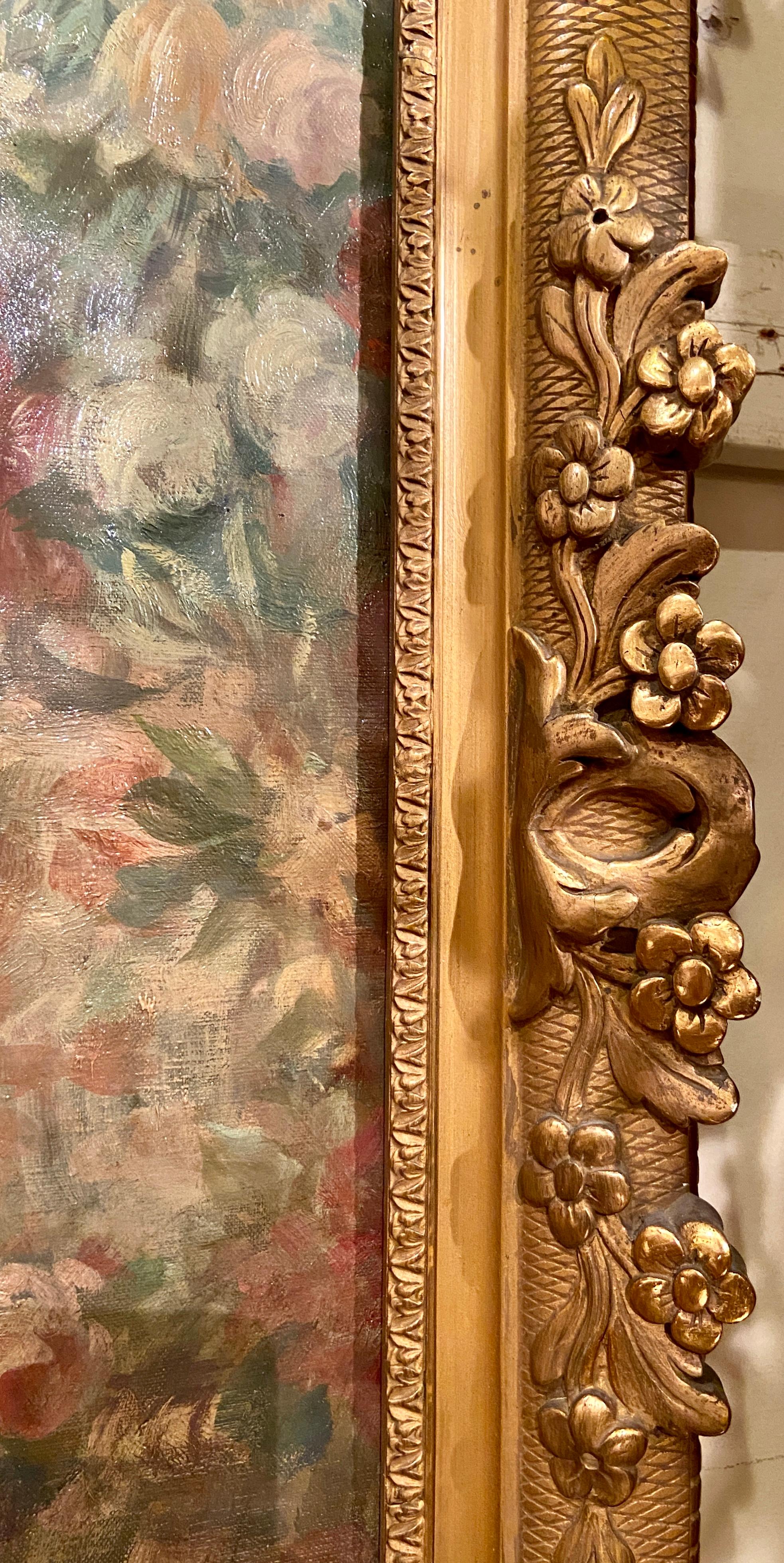 Tela Antique French Belle Époque Olio su tela dipinto floreale con cornice dorata 1850 ca. in vendita