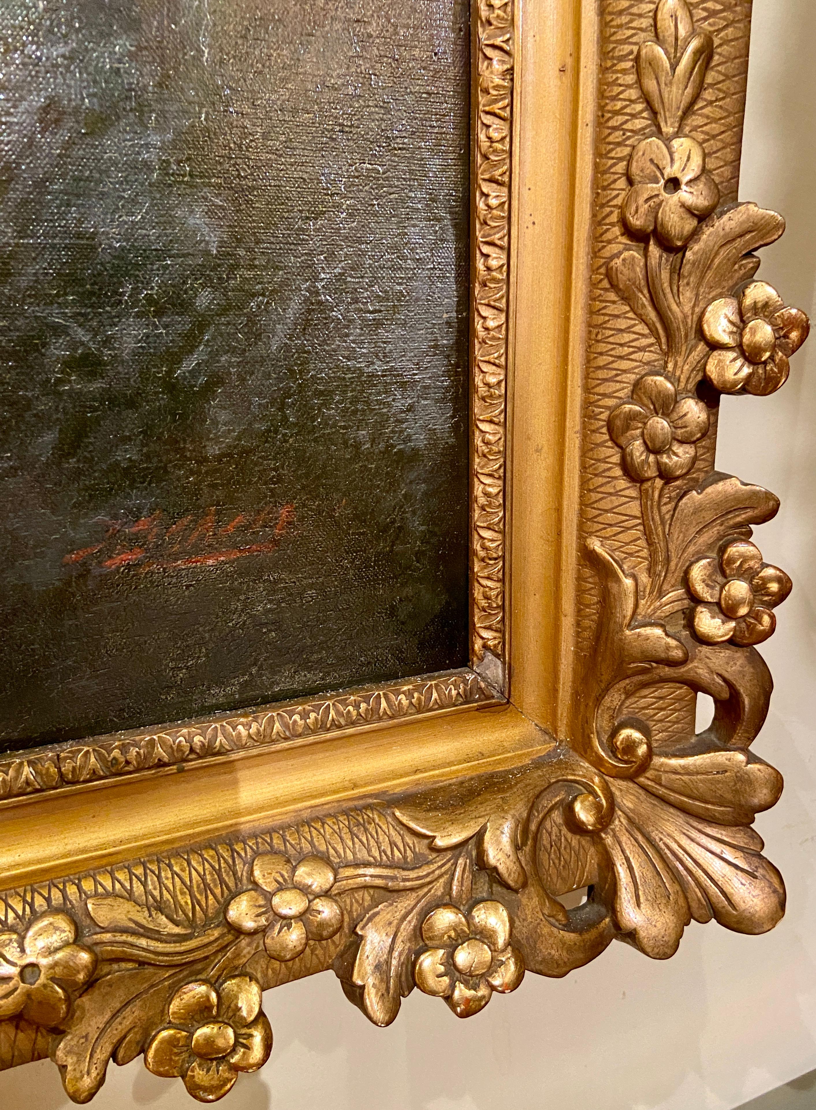 Bois Ancienne peinture florale française Belle poque à l'huile sur toile dans un cadre doré, vers 1850 en vente