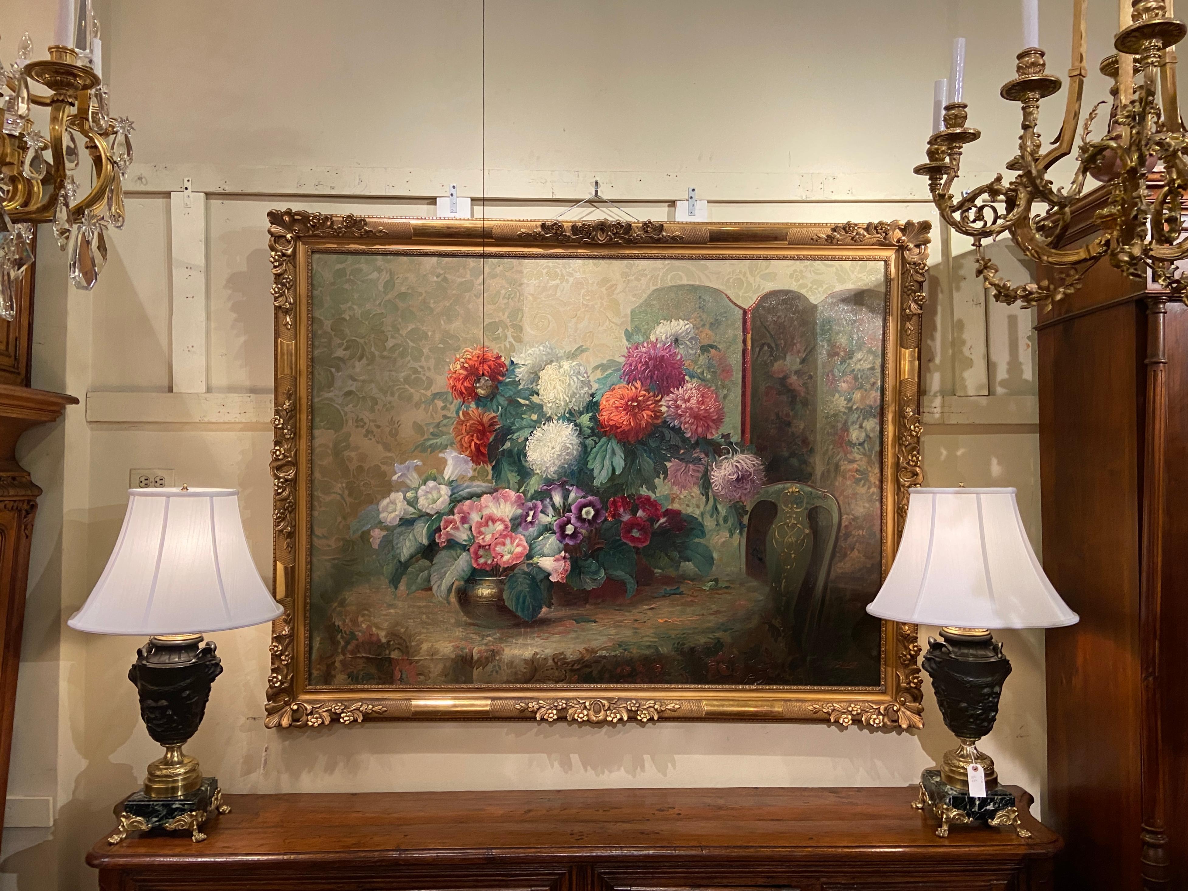 Ancienne peinture florale française Belle poque à l'huile sur toile dans un cadre doré, vers 1850 en vente 1