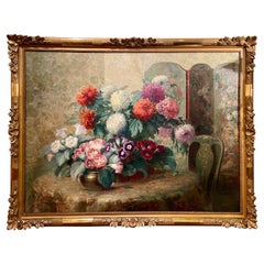 Antikes französisches Blumengemälde in Goldrahmen, Belle Poque, Öl auf Leinwand, ca. 1850