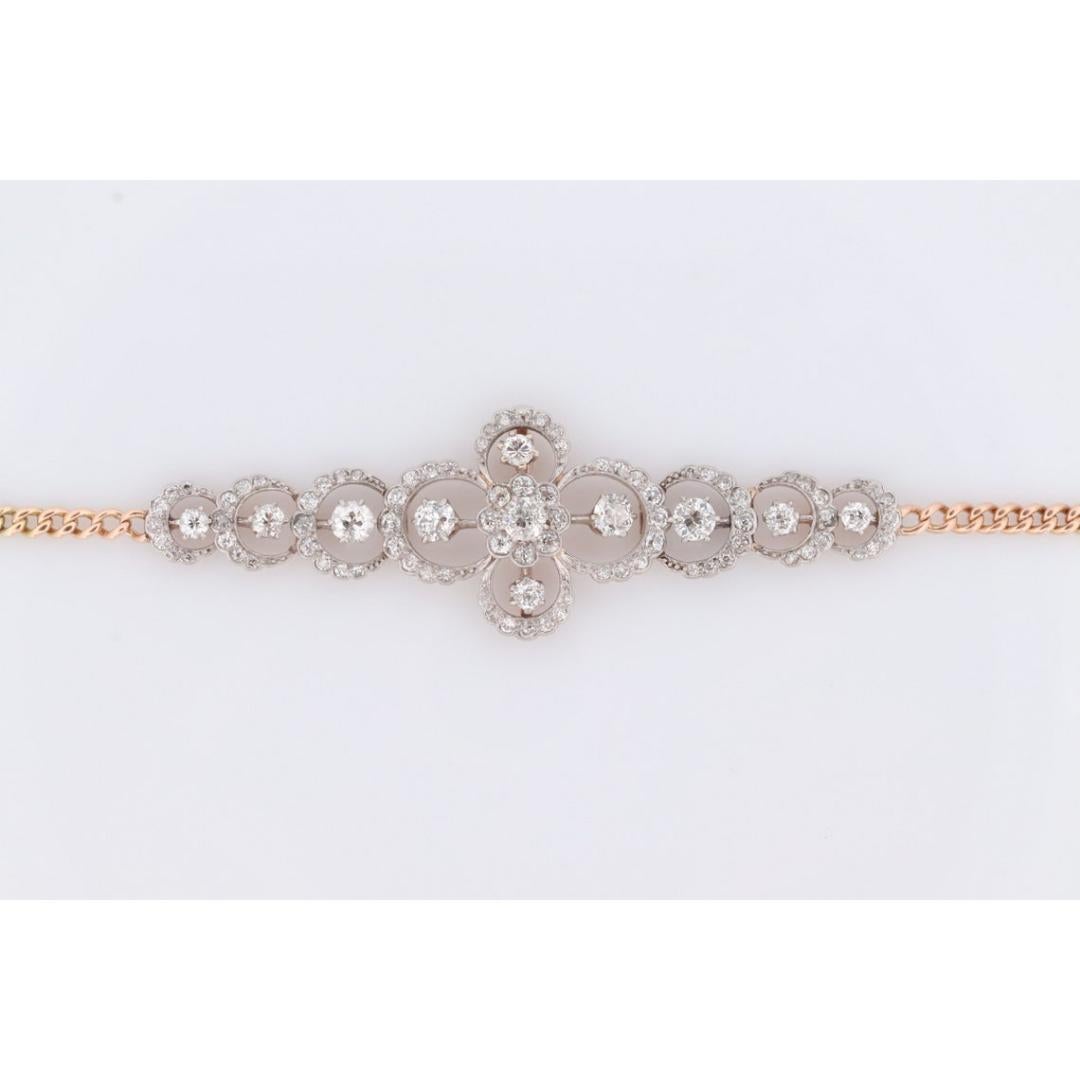 Antique French Belle Epoque Platinum and 14k Diamond Daisy Bracelet. Art Nouveau In Good Condition For Sale In Port Charlotte, FL