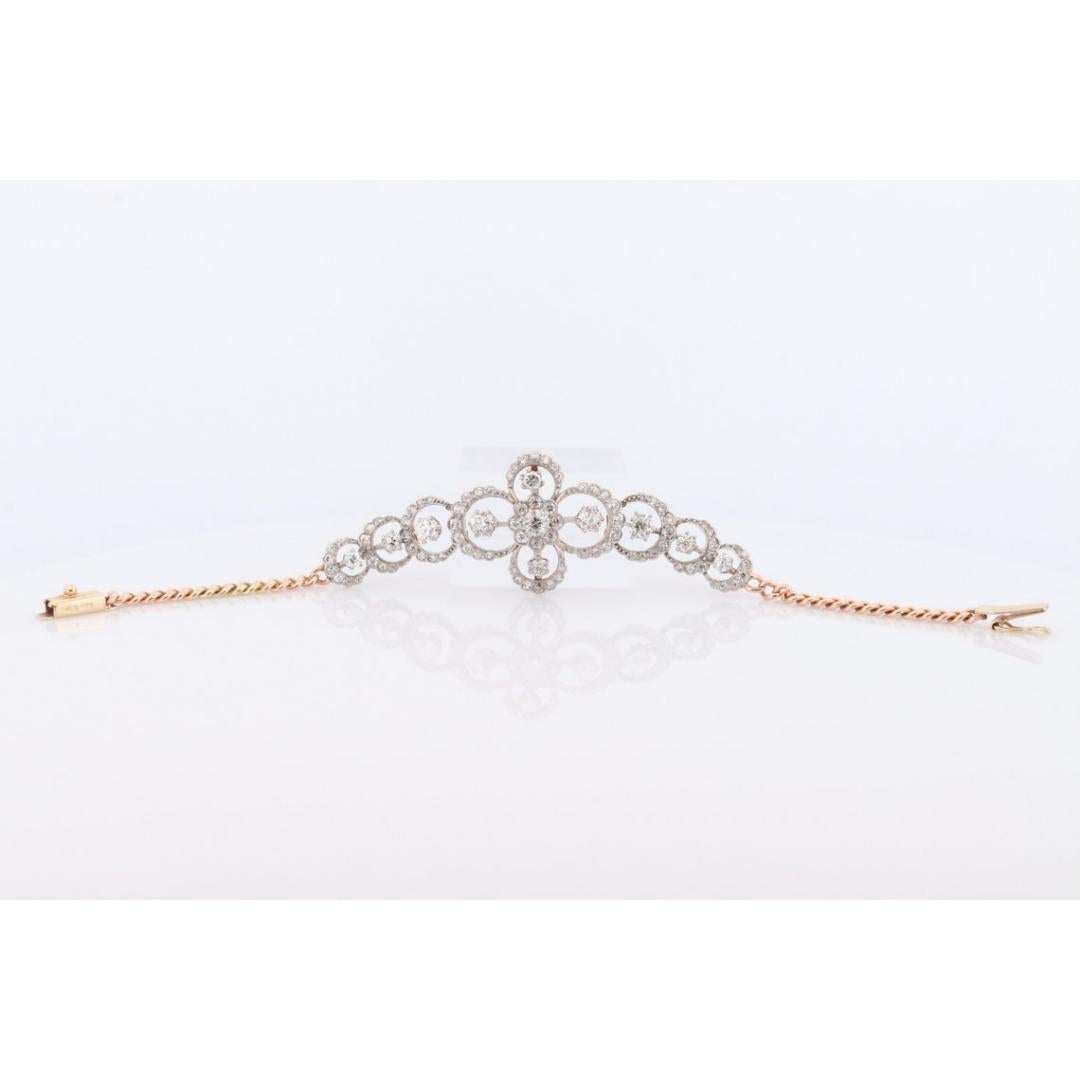 Women's Antique French Belle Epoque Platinum and 14k Diamond Daisy Bracelet. Art Nouveau For Sale