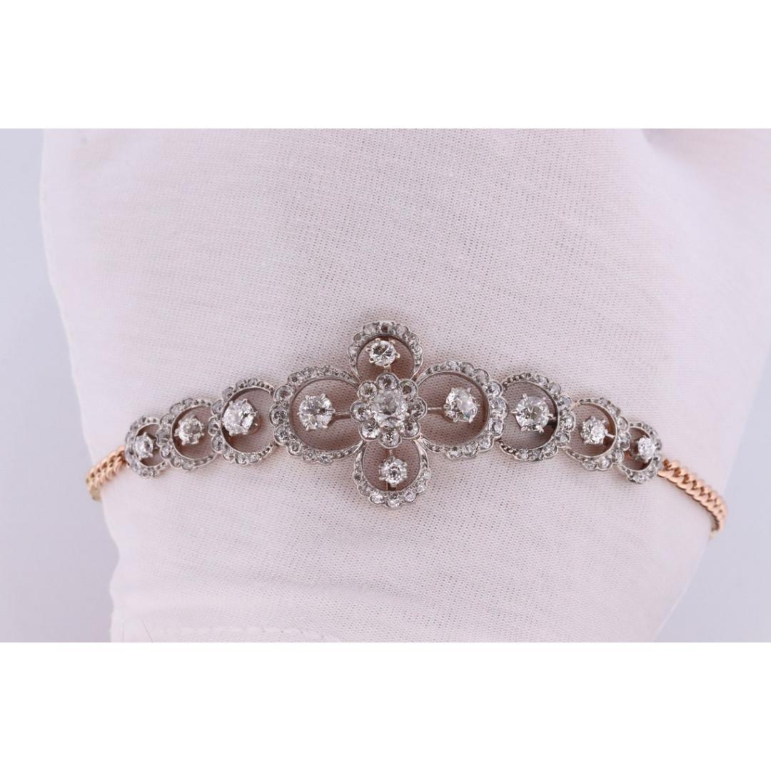Antique French Belle Epoque Platinum and 14k Diamond Daisy Bracelet. Art Nouveau For Sale 4