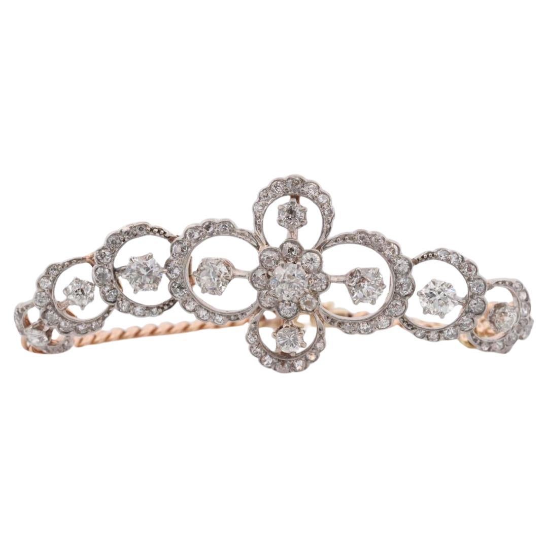 Antique French Belle Epoque Platinum and 14k Diamond Daisy Bracelet. Art Nouveau For Sale