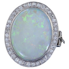 Antique French Belle Epoque Platinum Natural Opal Diamond Cocktail Ring